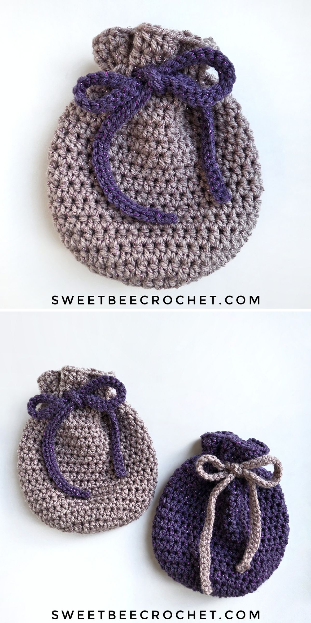 a small crochet drawstring pouch in soft colors