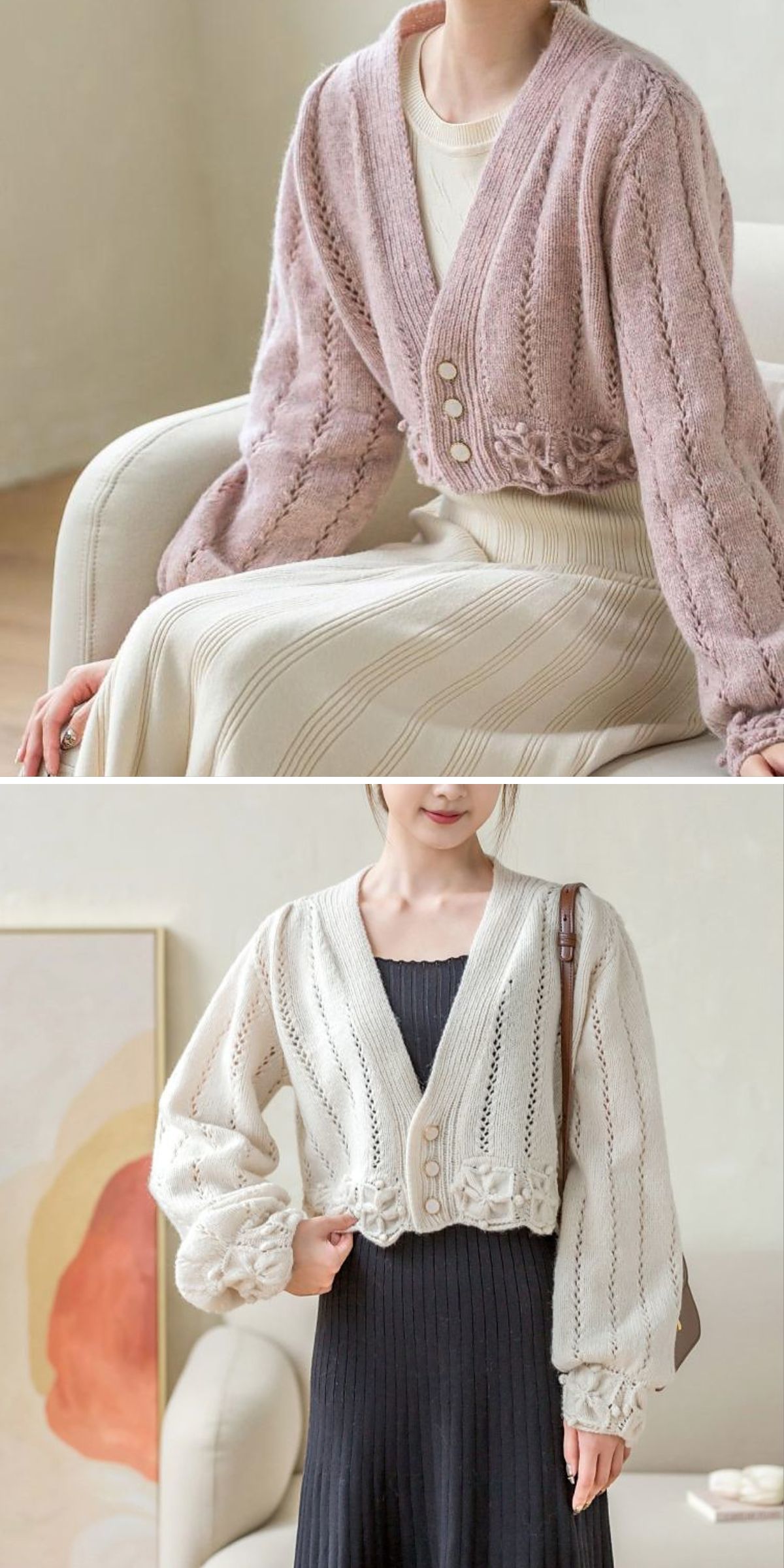 a cropped knit cardigan with balloon sleeves and textural details