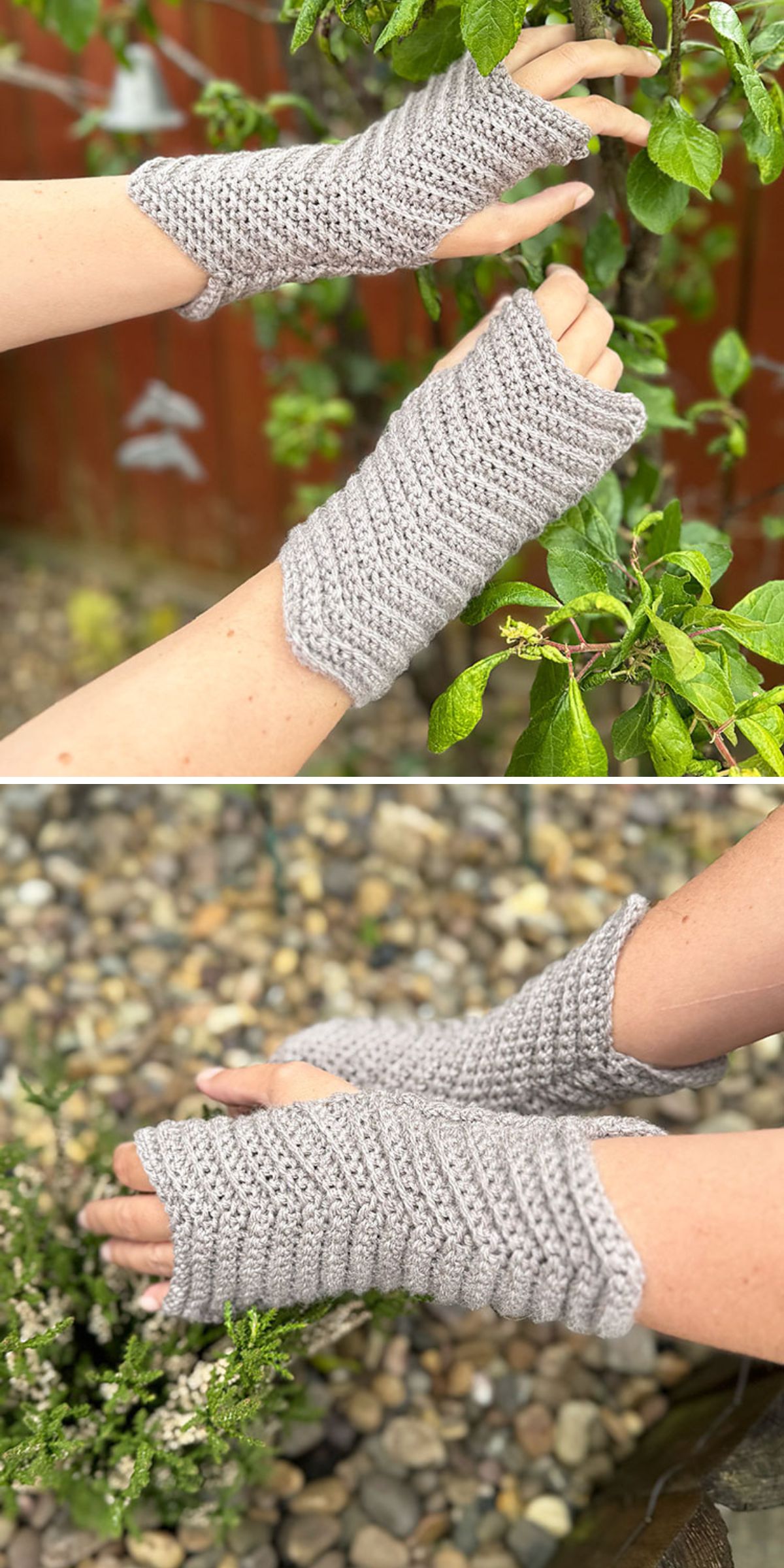 crochet fingerless gloves with a chevron design in a solid neutral color