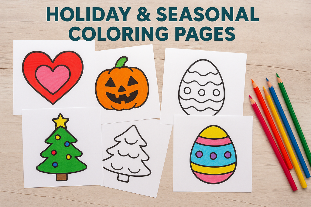 Holiday and seasonal coloring pages featuring a Christmas tree, Halloween pumpkin, Easter eggs, and Valentine heart, with a mix of colored and uncolored designs