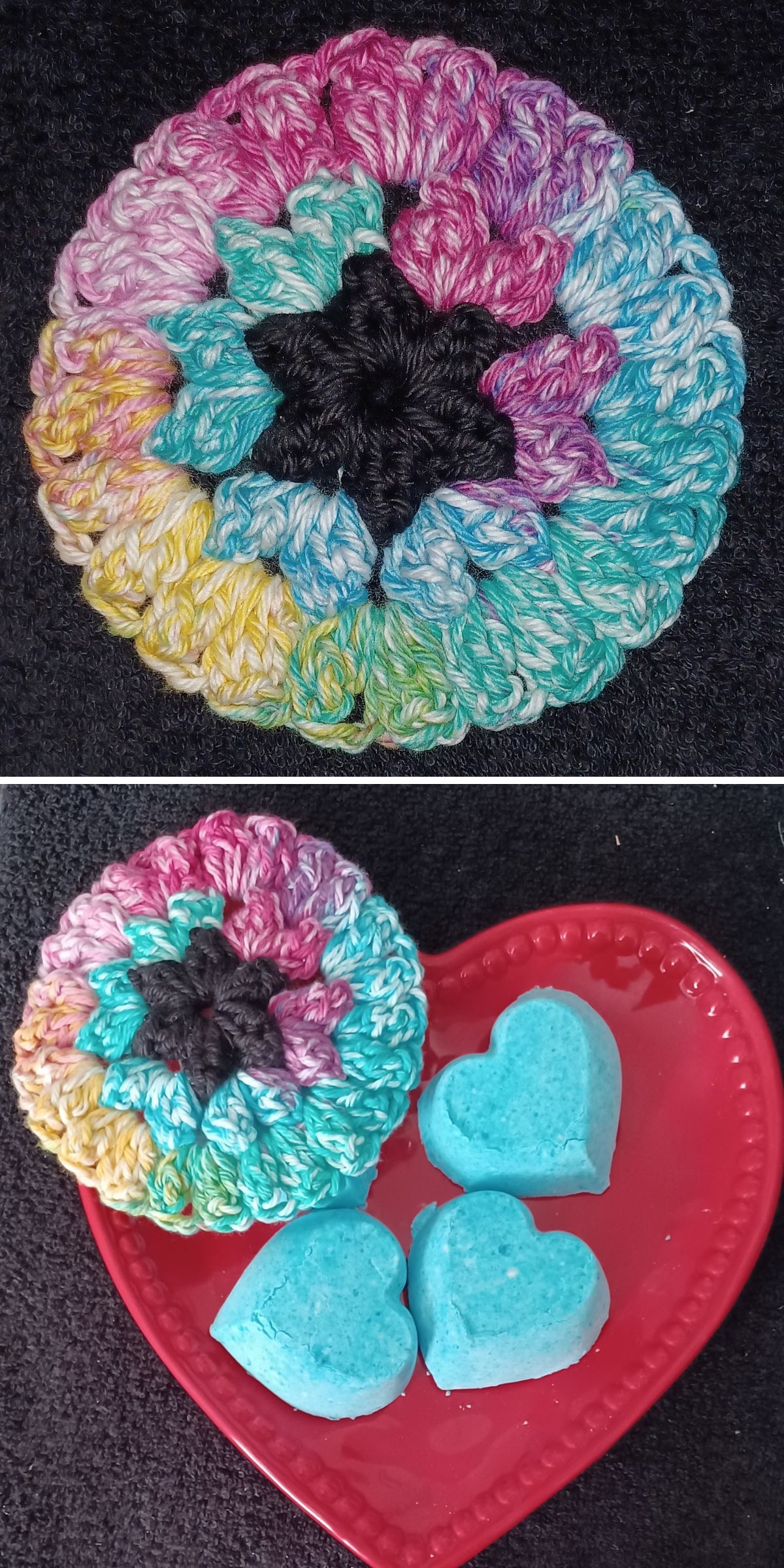 a structured crochet face scrubber in rainbow ombre colorway