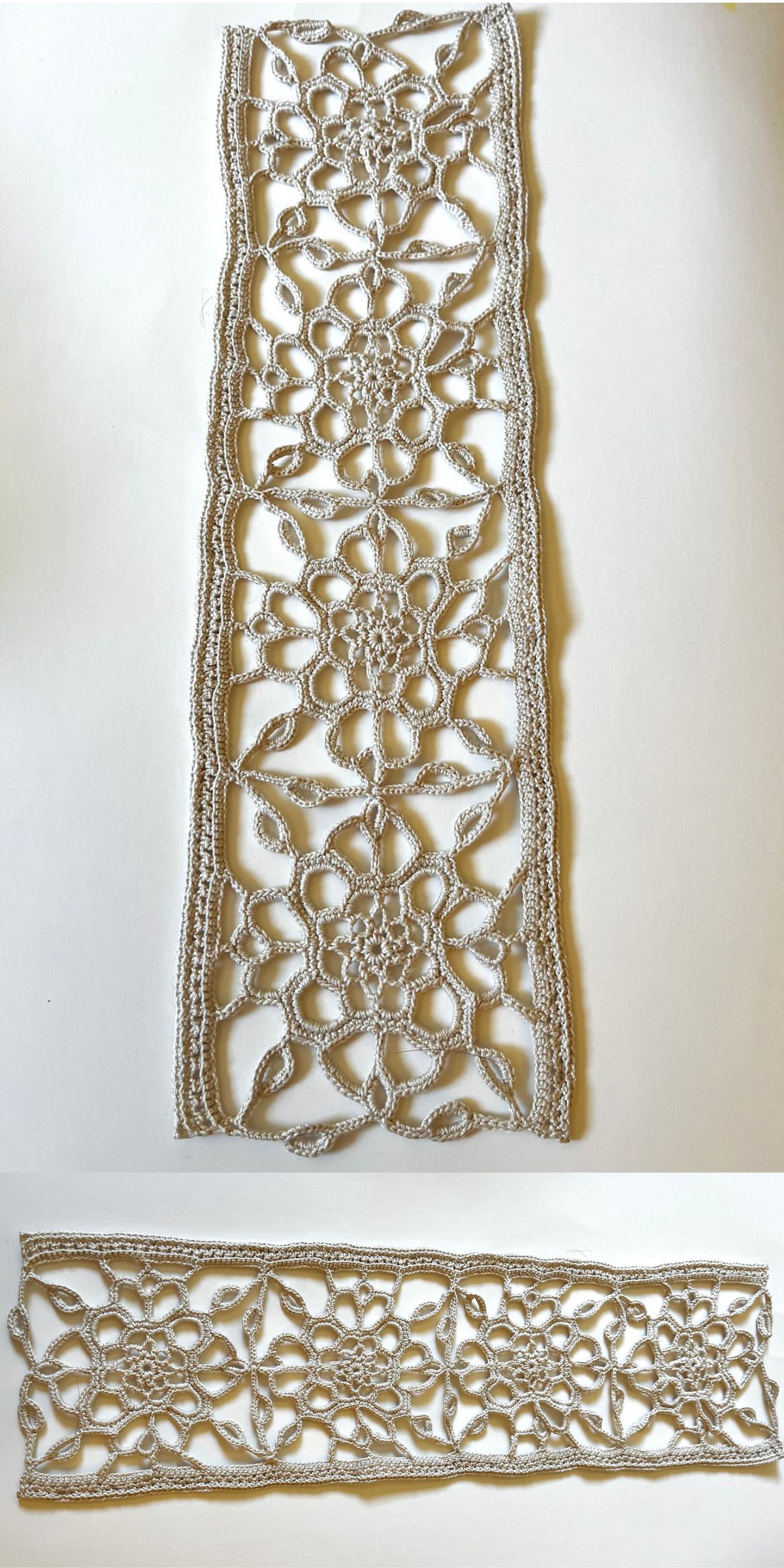 a crochet motif stitch panel with a floral lace design 