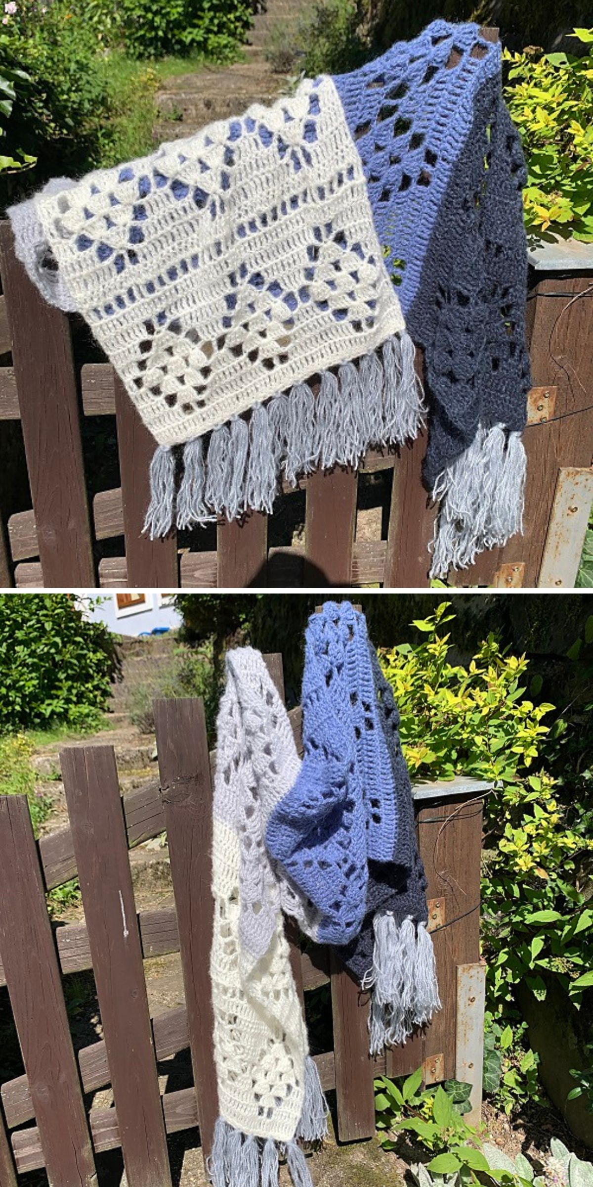 a crochet wrap with lace diamond motifs and a tassel fringe