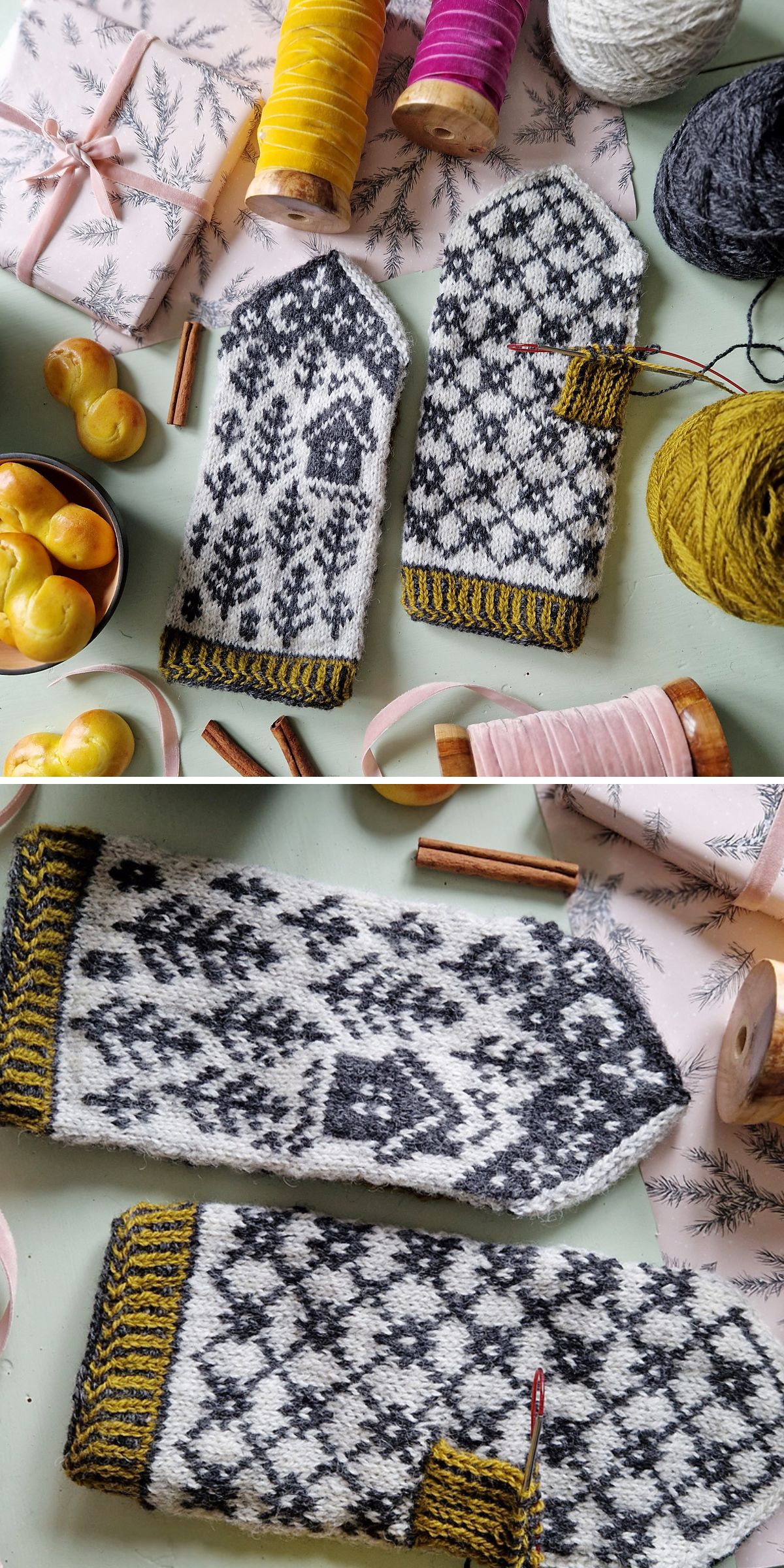  knit mittens with winter mosaic motifs