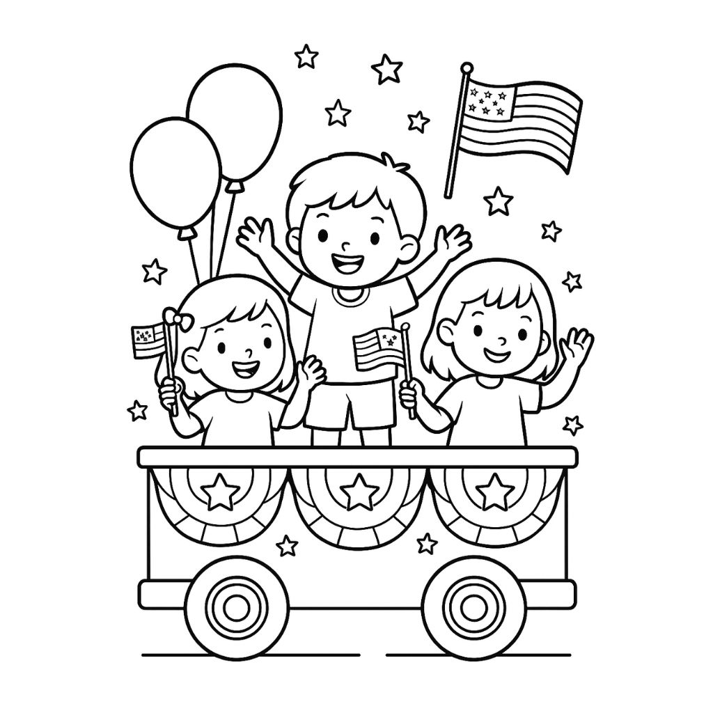 Cartoon kids on a patriotic parade float with balloons and flags – printable 4th of July celebration coloring sheet