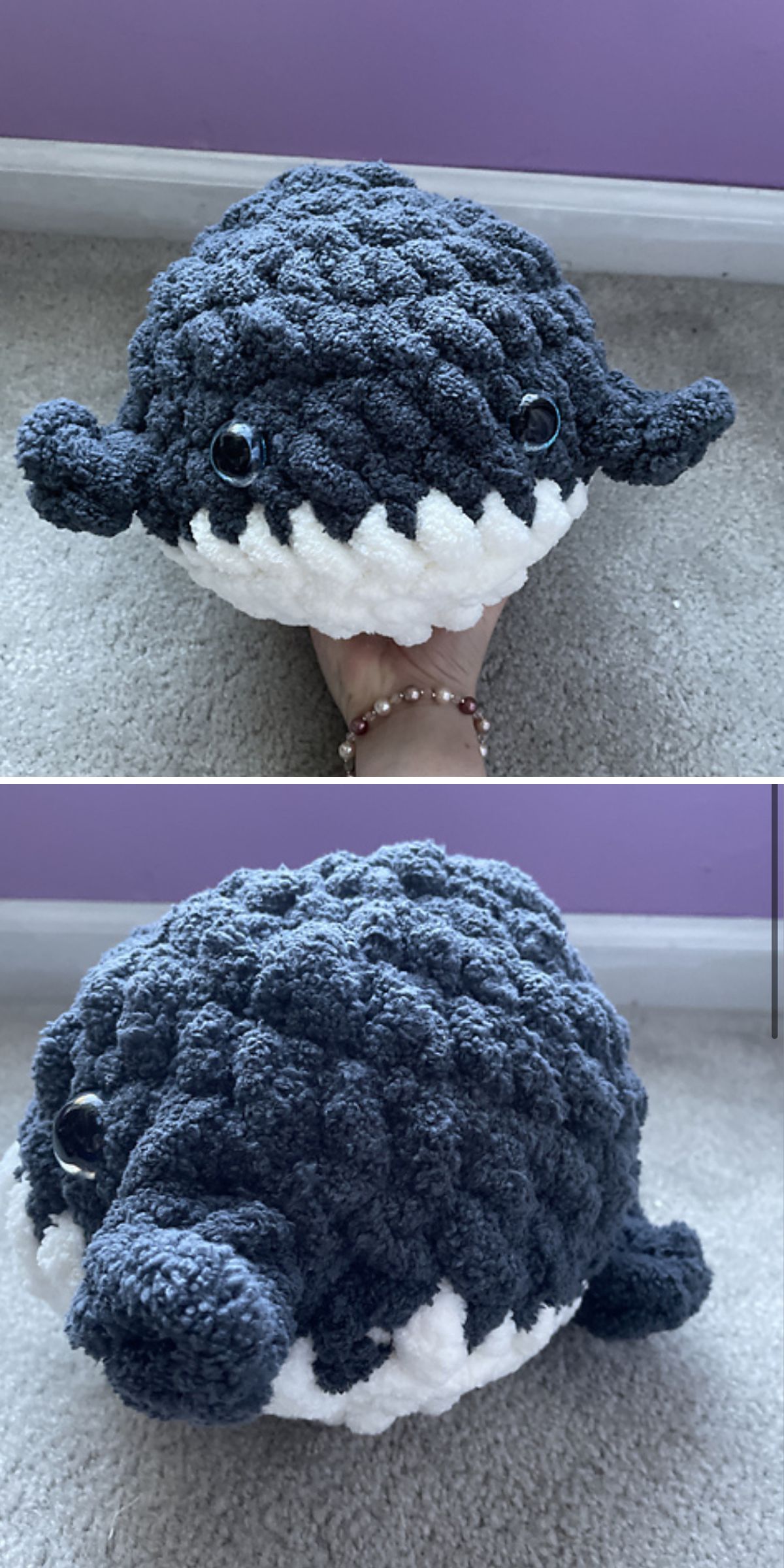 a round crochet whale made of very thick yarn