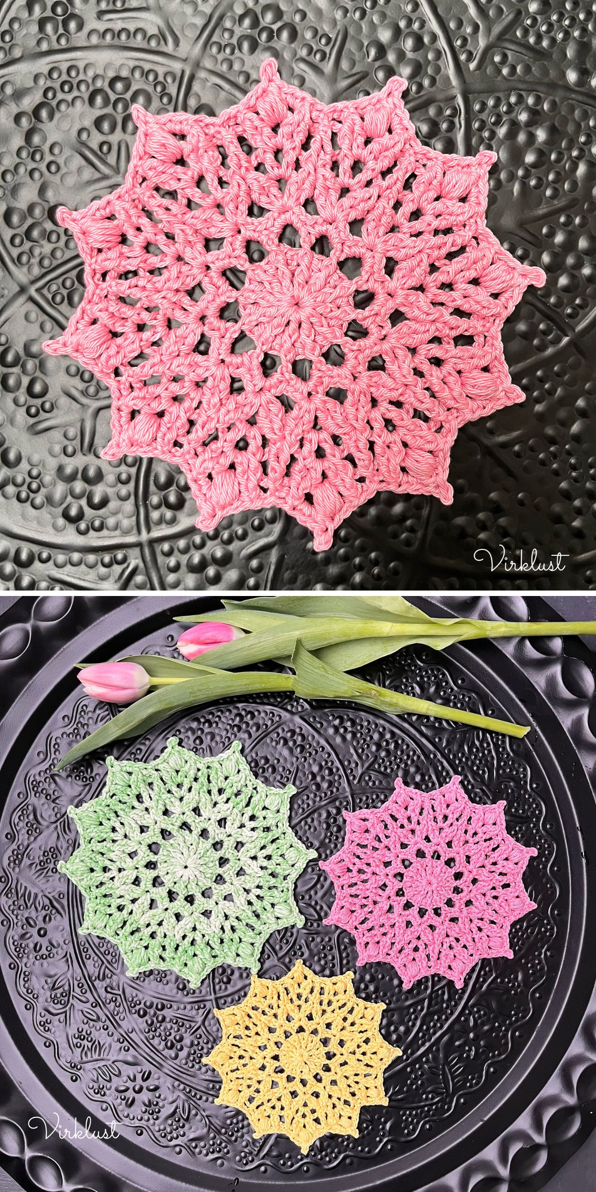 a set of crochet doilies with pointy corners