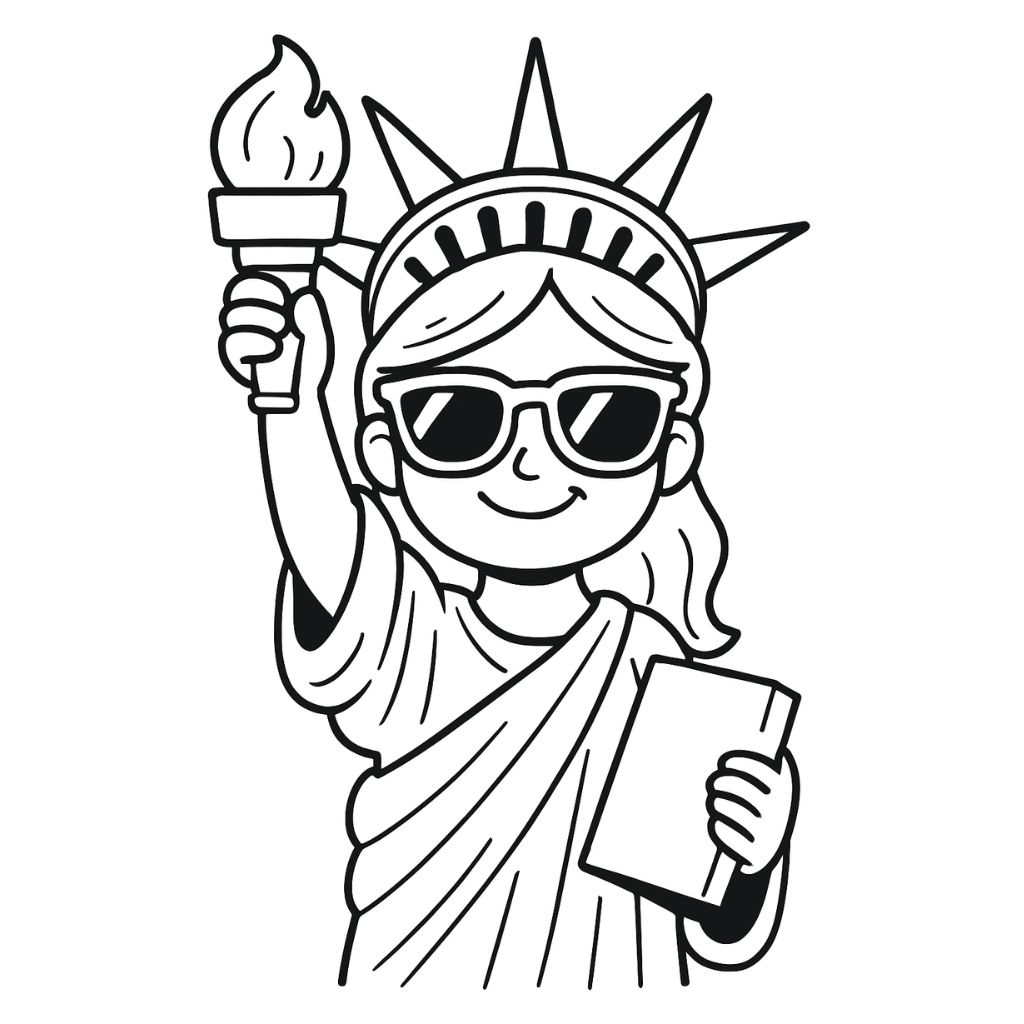 Kid-friendly Statue of Liberty wearing sunglasses and smiling – printable July 4th coloring page