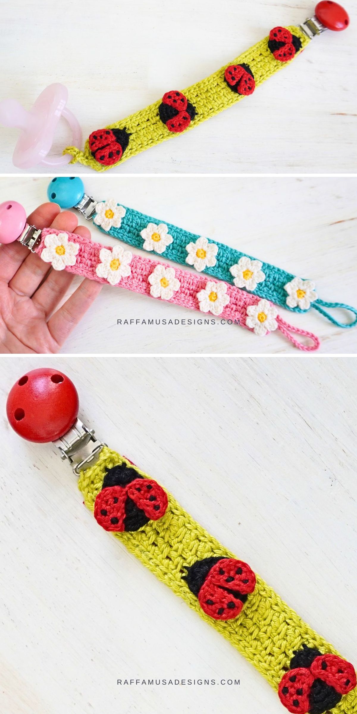 crochet pacifier clips adorned with flowers and ladybugs