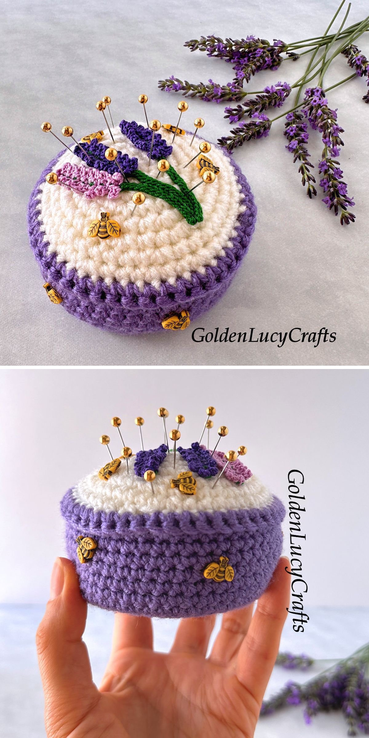 a crochet pincushion embellished with bee and lavender flower appliques
