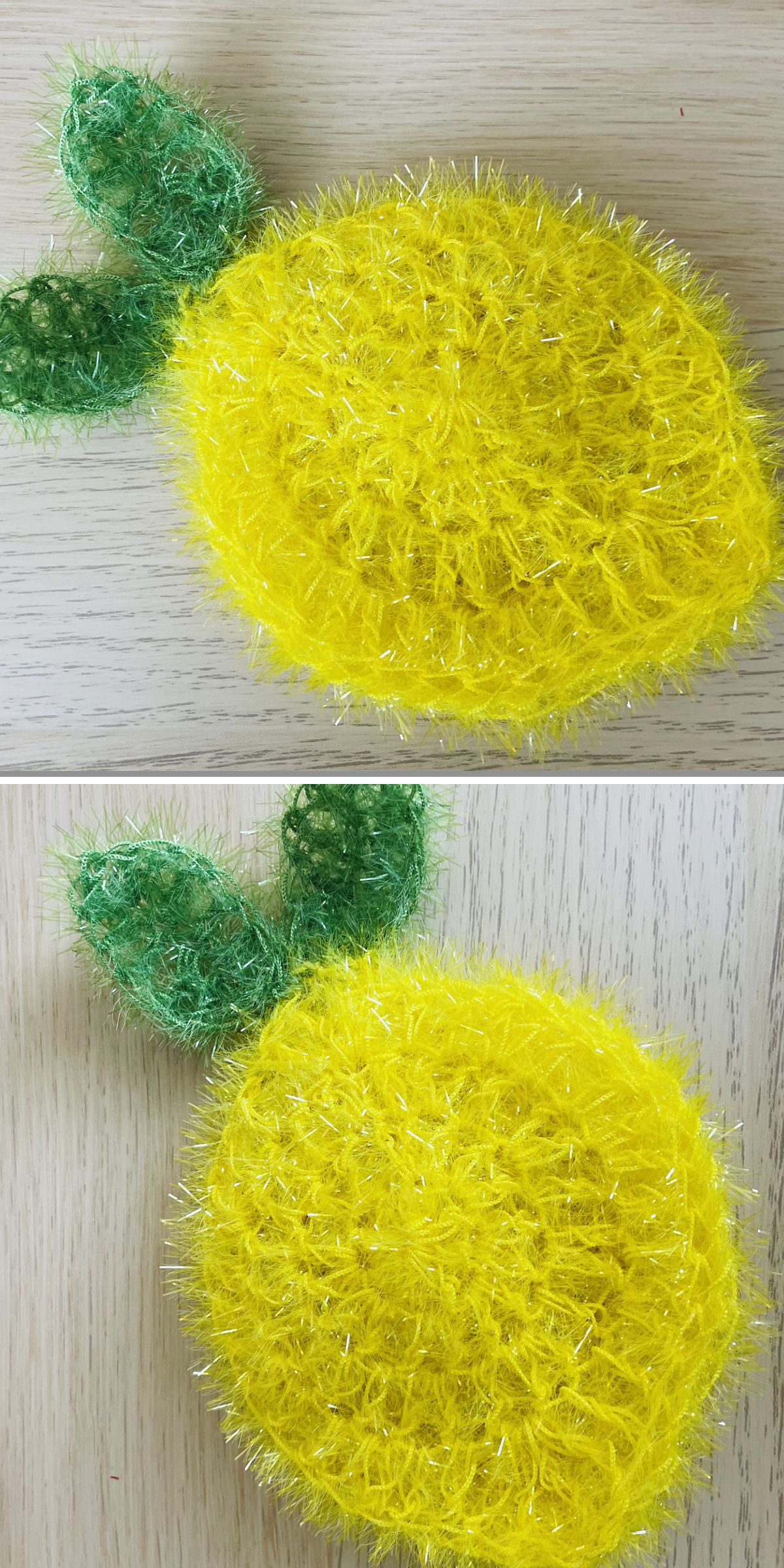 a lemon-shaped crochet scrubbie
