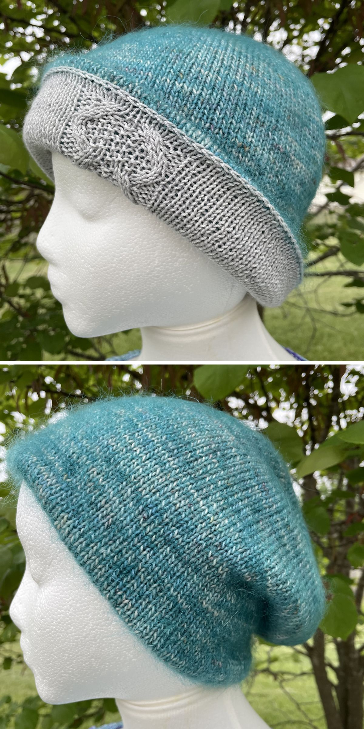 a simple knitted slouchy beanie in a turquoise shade