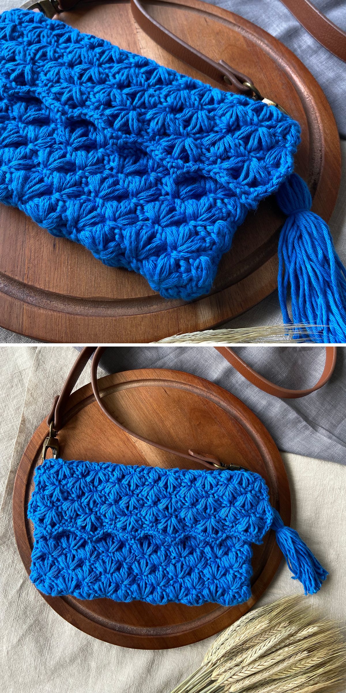 a blue crochet clutch with floral texture