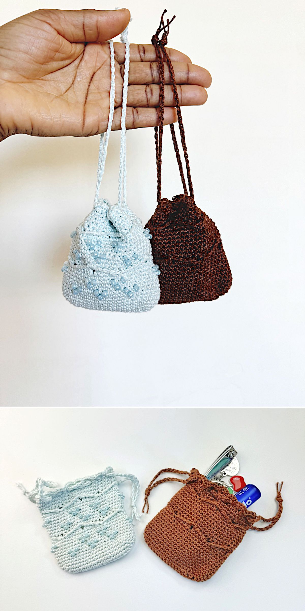 a crochet mini drawstring pouch adorned with tiny beads