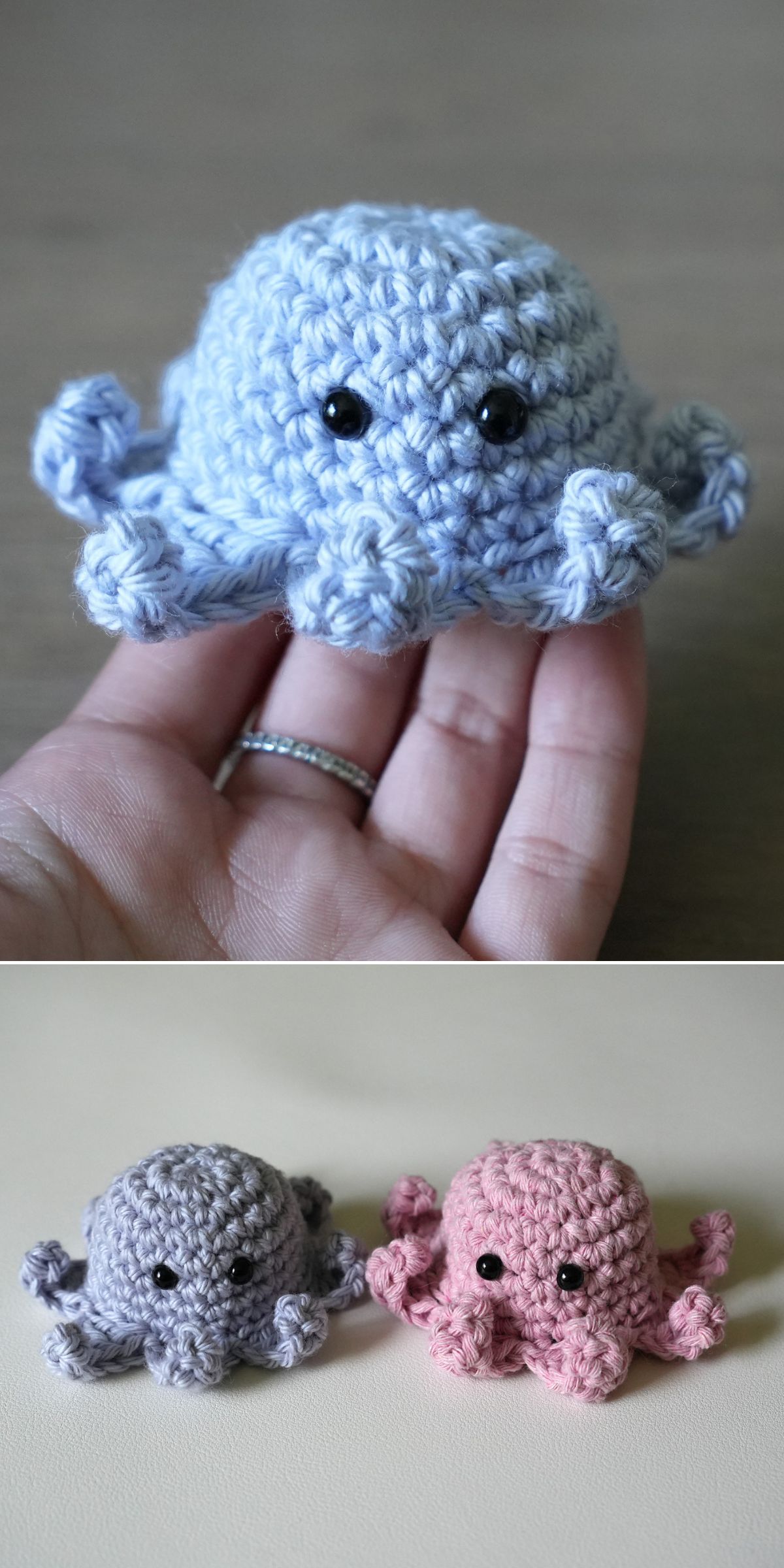 two tiny crochet octopuses