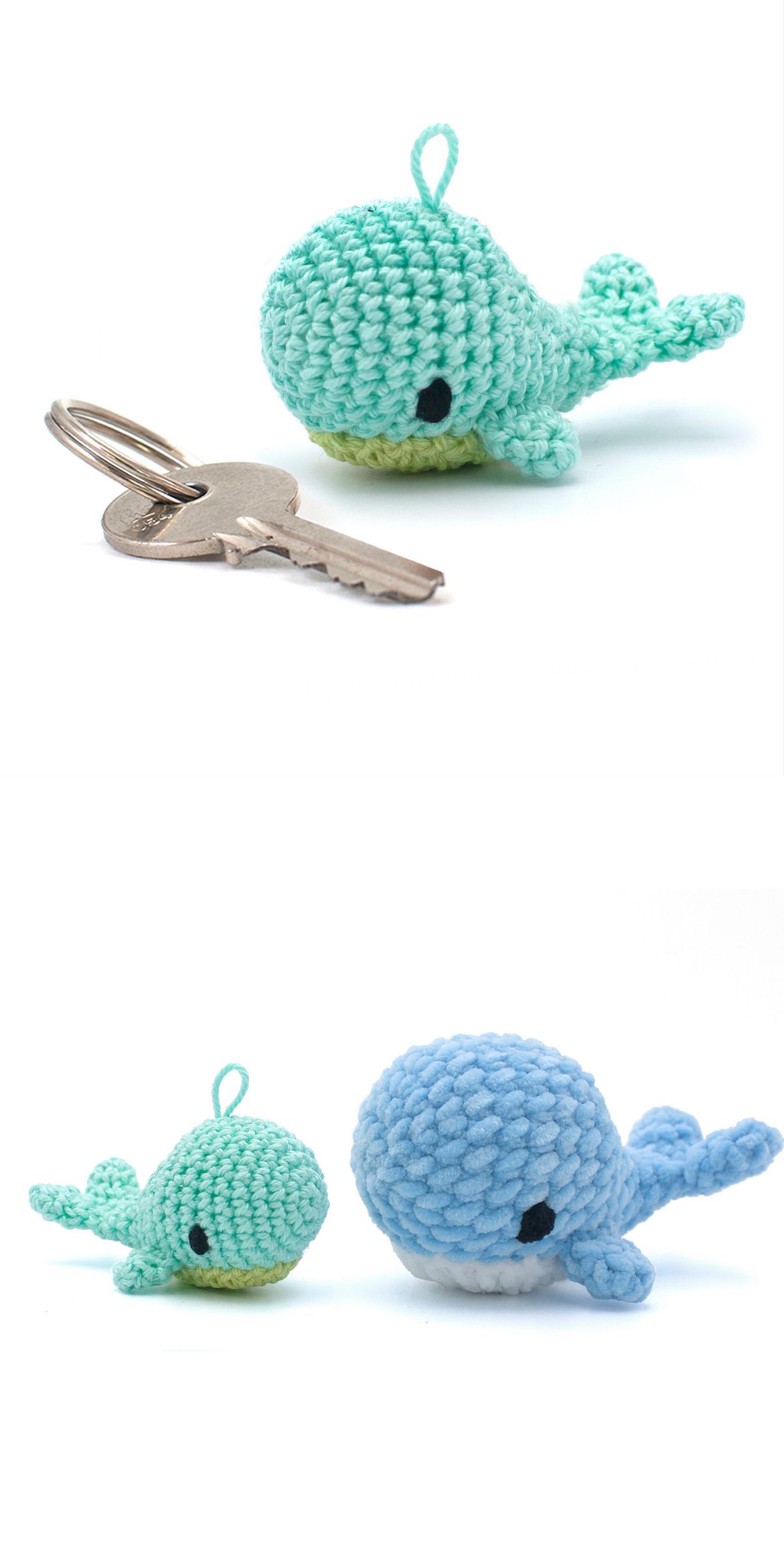 a small crochet whale keychain amigurumi with a loop on top