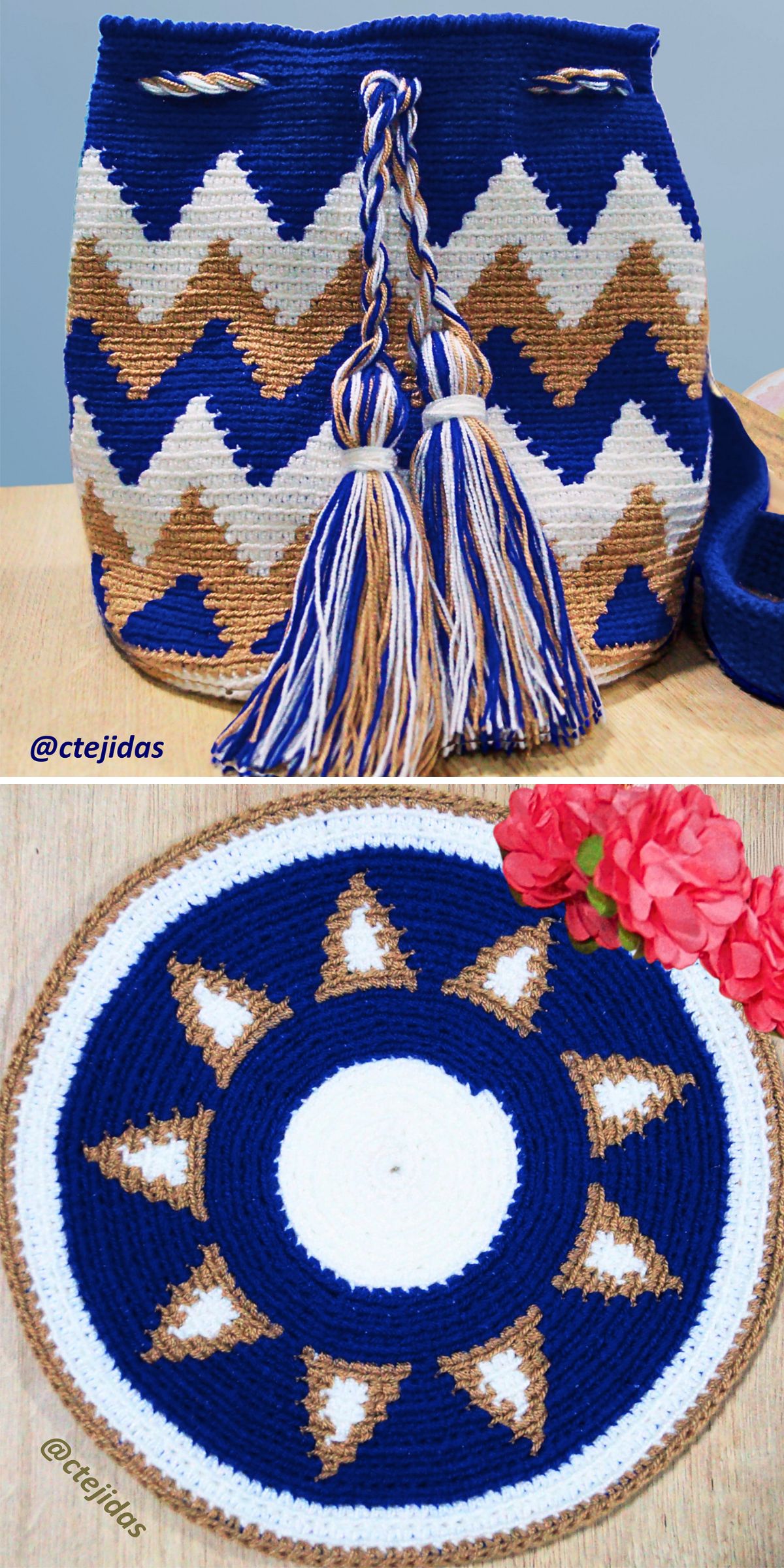 a large crochet drawstring bag with a colorful geometric design