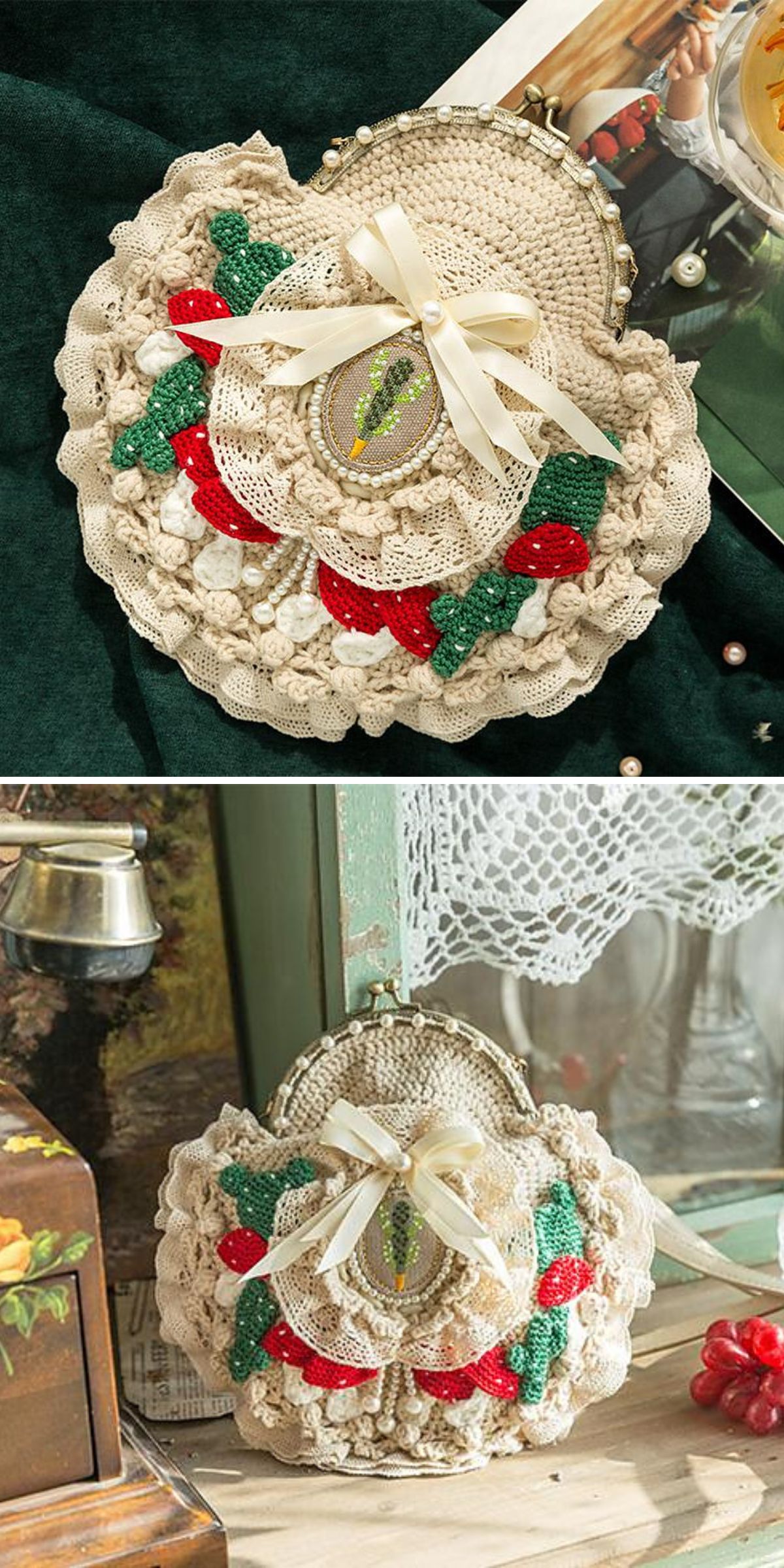 a crochet clutch with a kiss-lock clasp featuring an intricate design