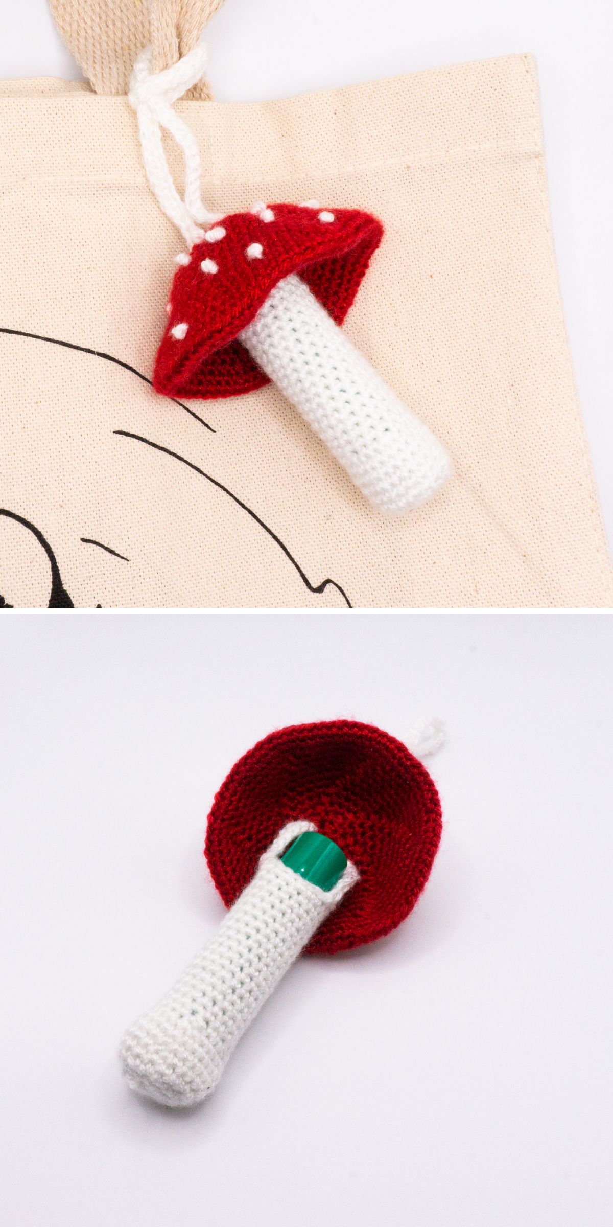 a crochet mushroom bag charm with a hidden storage pouch