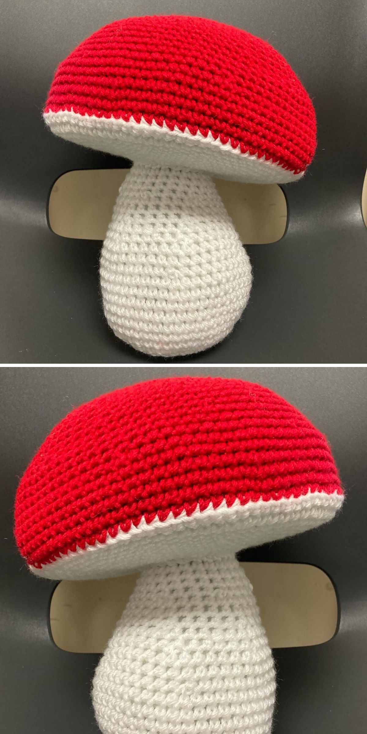 a big mushroom crochet pillow
