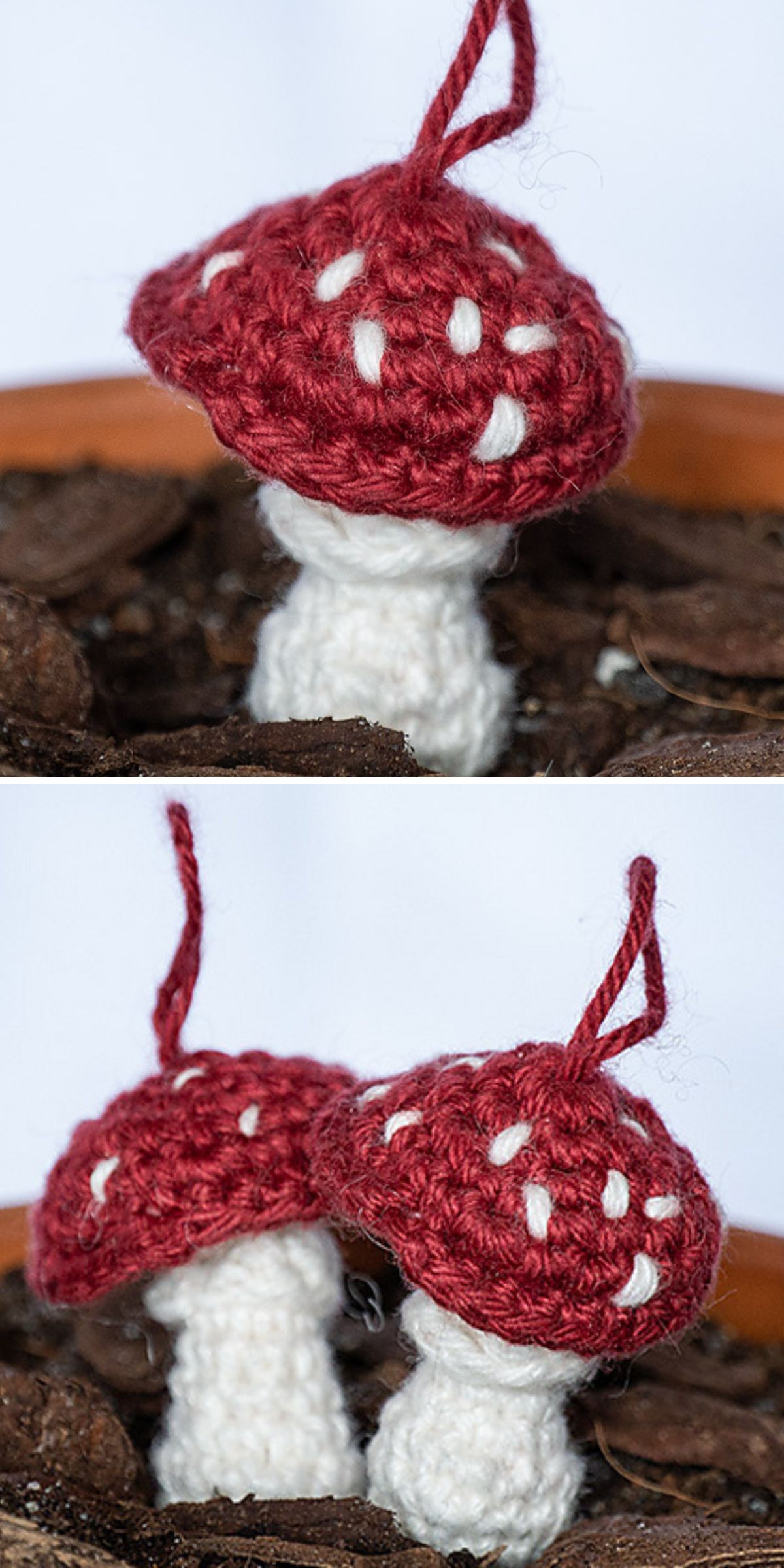 two realistic crochet mushroom amigurumi