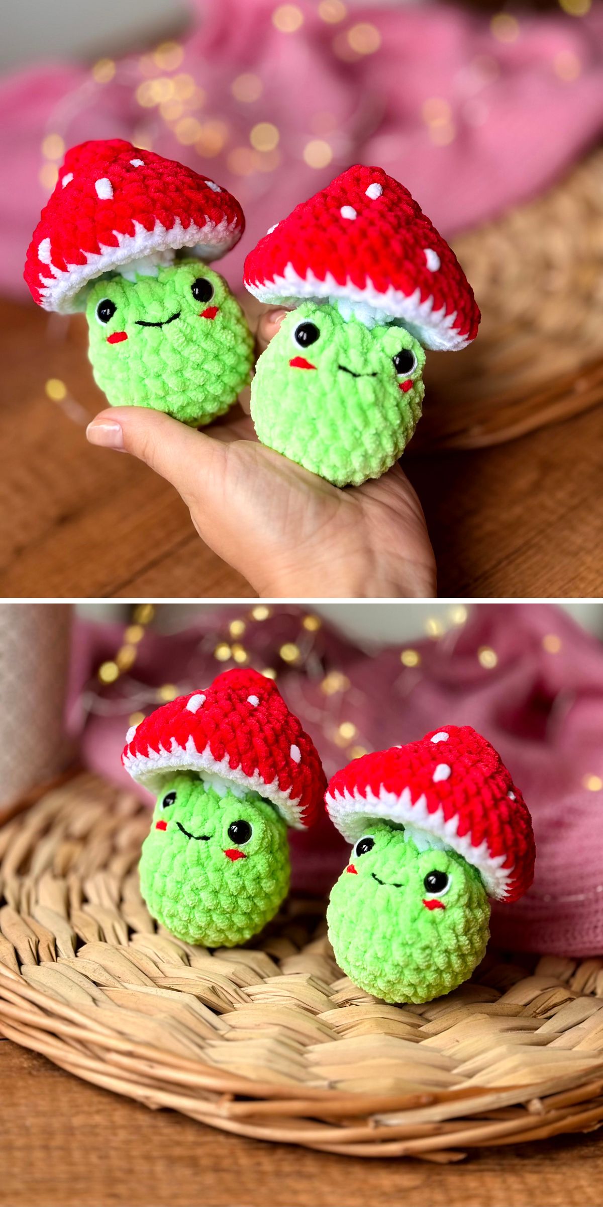 two crochet frogs with mushroom hats