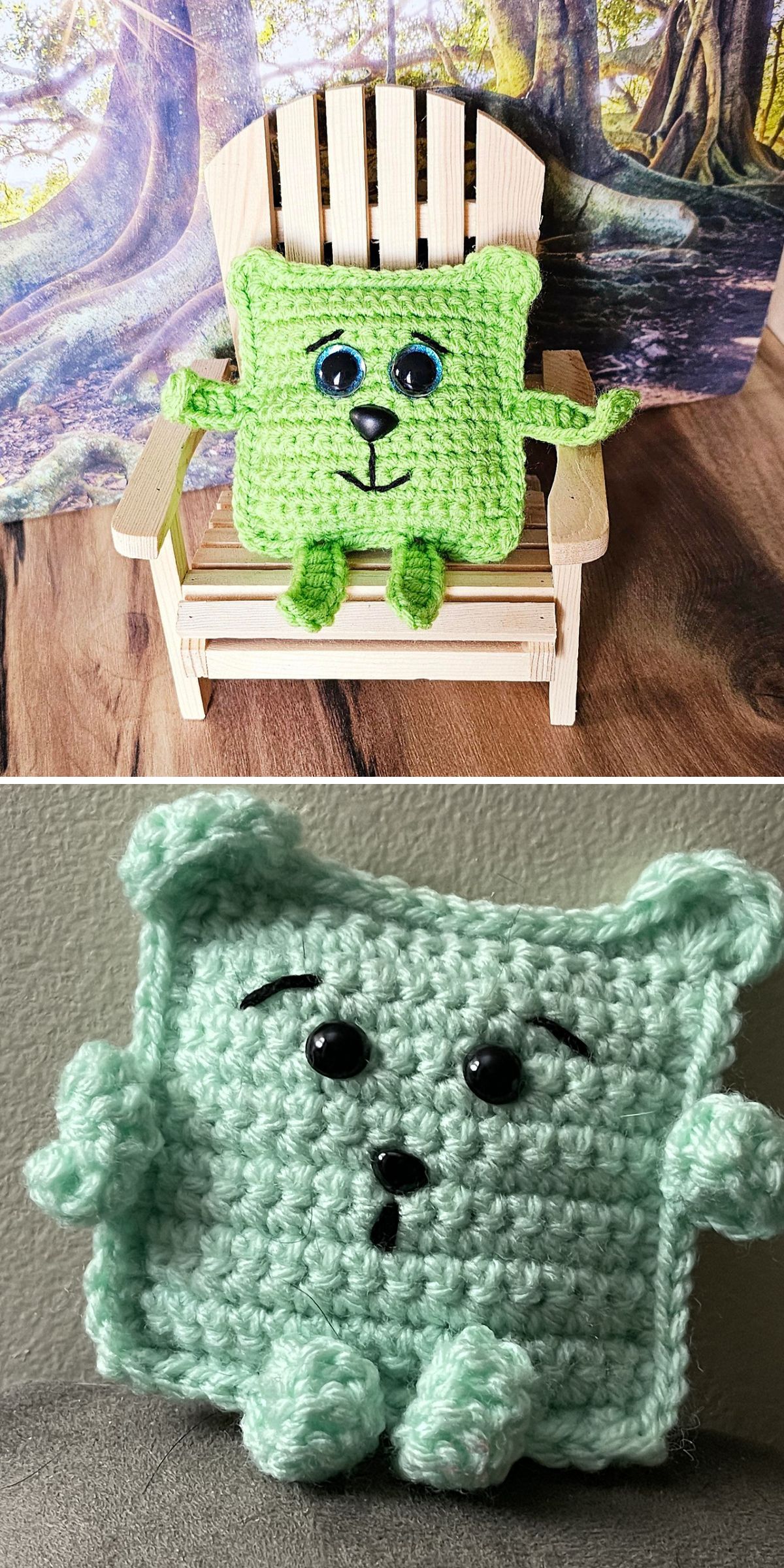 a crochet square teddy bear in green