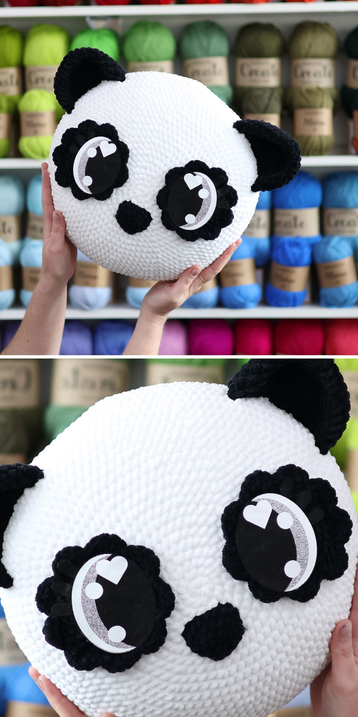 a round crochet pillow with panda's face
