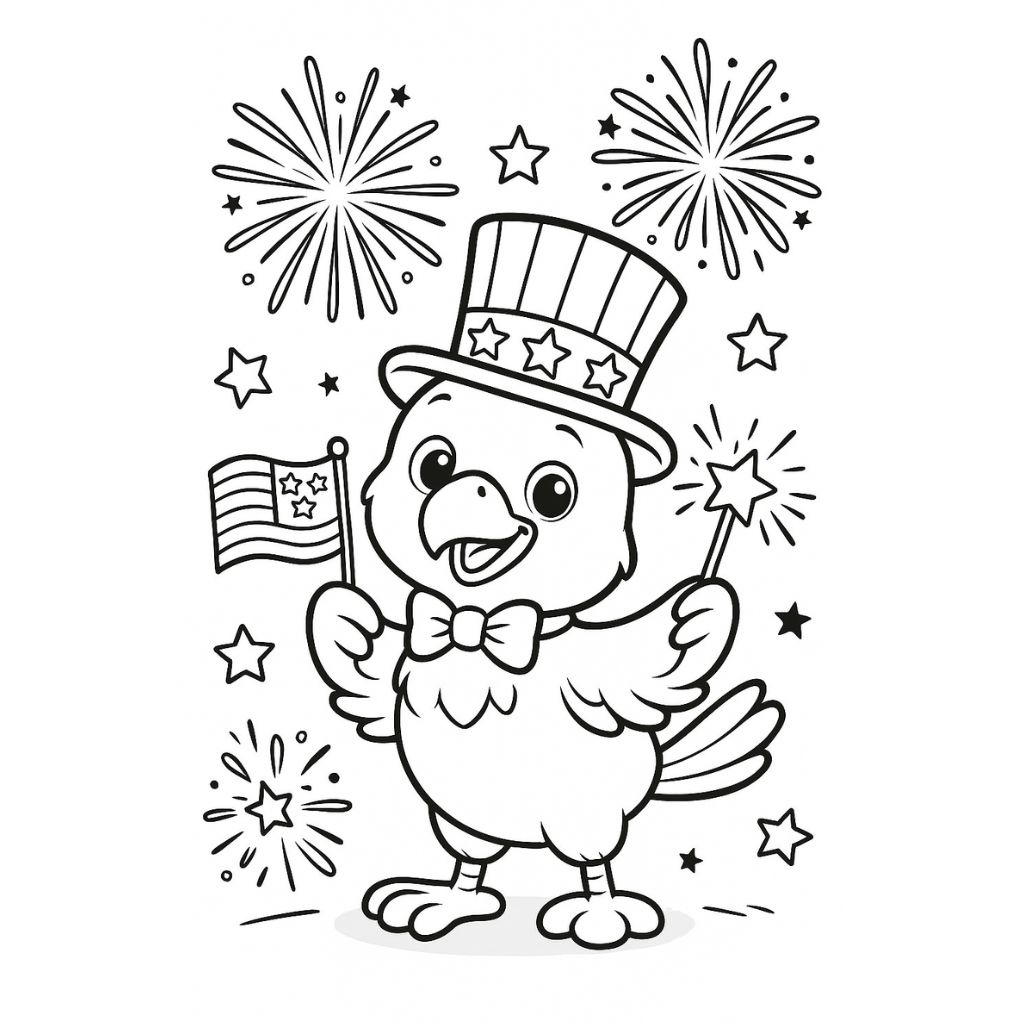 Smiling cartoon eagle with USA flag, wand, and fireworks – fun printable coloring page for the Fourth of July