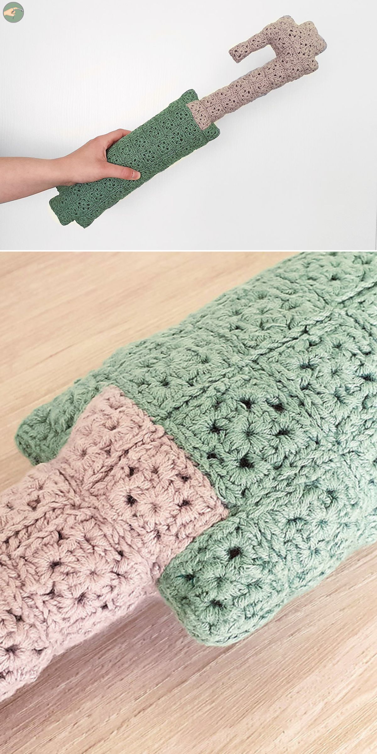 a crochet cushion featuring a pixel-inspired design