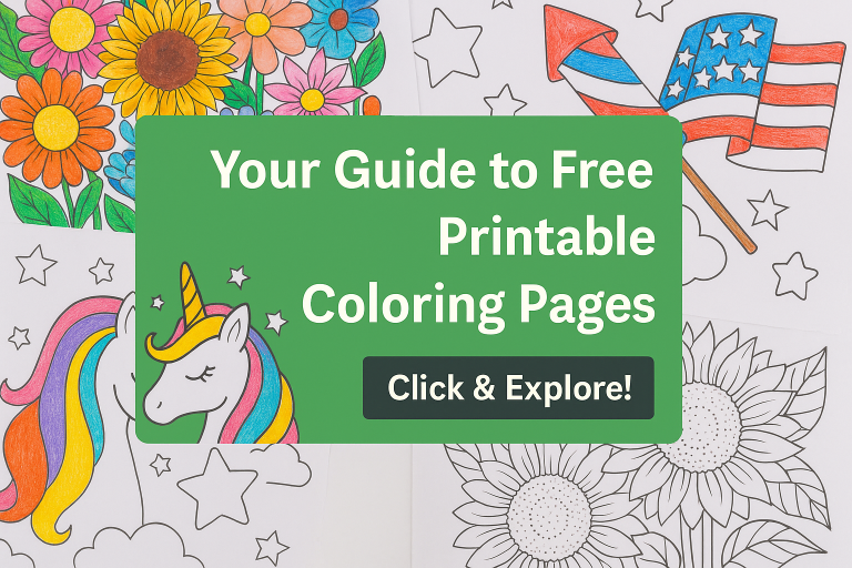 Featured image with text 'Your Guide to Free Printable Coloring Pages. Click & Explore!', showing colored and uncolored inspirational coloring pages on a creative background