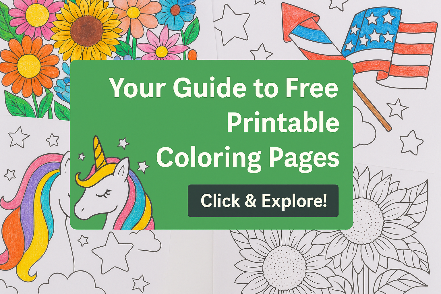 Featured image with text 'Your Guide to Free Printable Coloring Pages. Click & Explore!', showing colored and uncolored inspirational coloring pages on a creative background