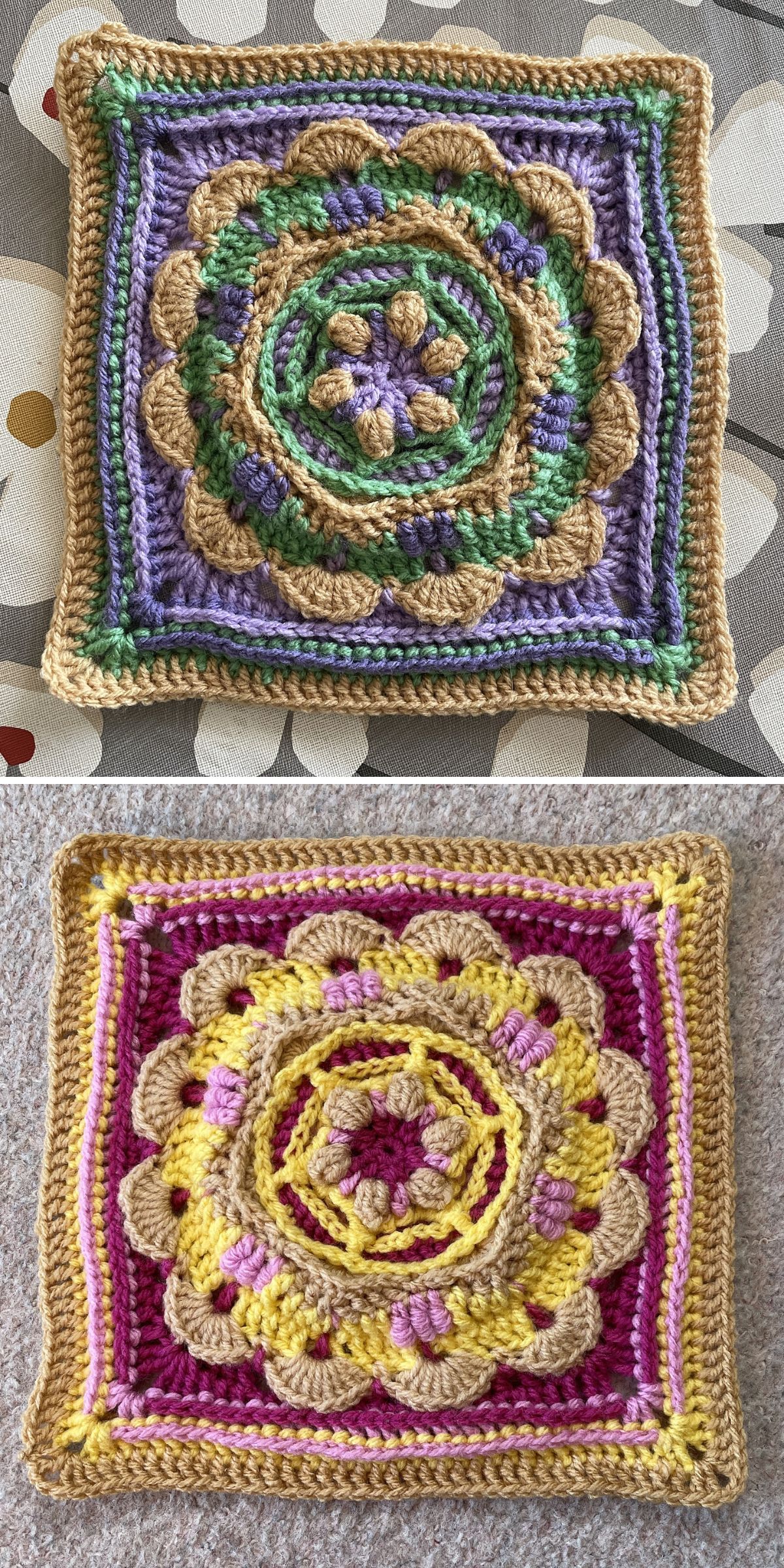 richly textured squares with a complex flower center motif