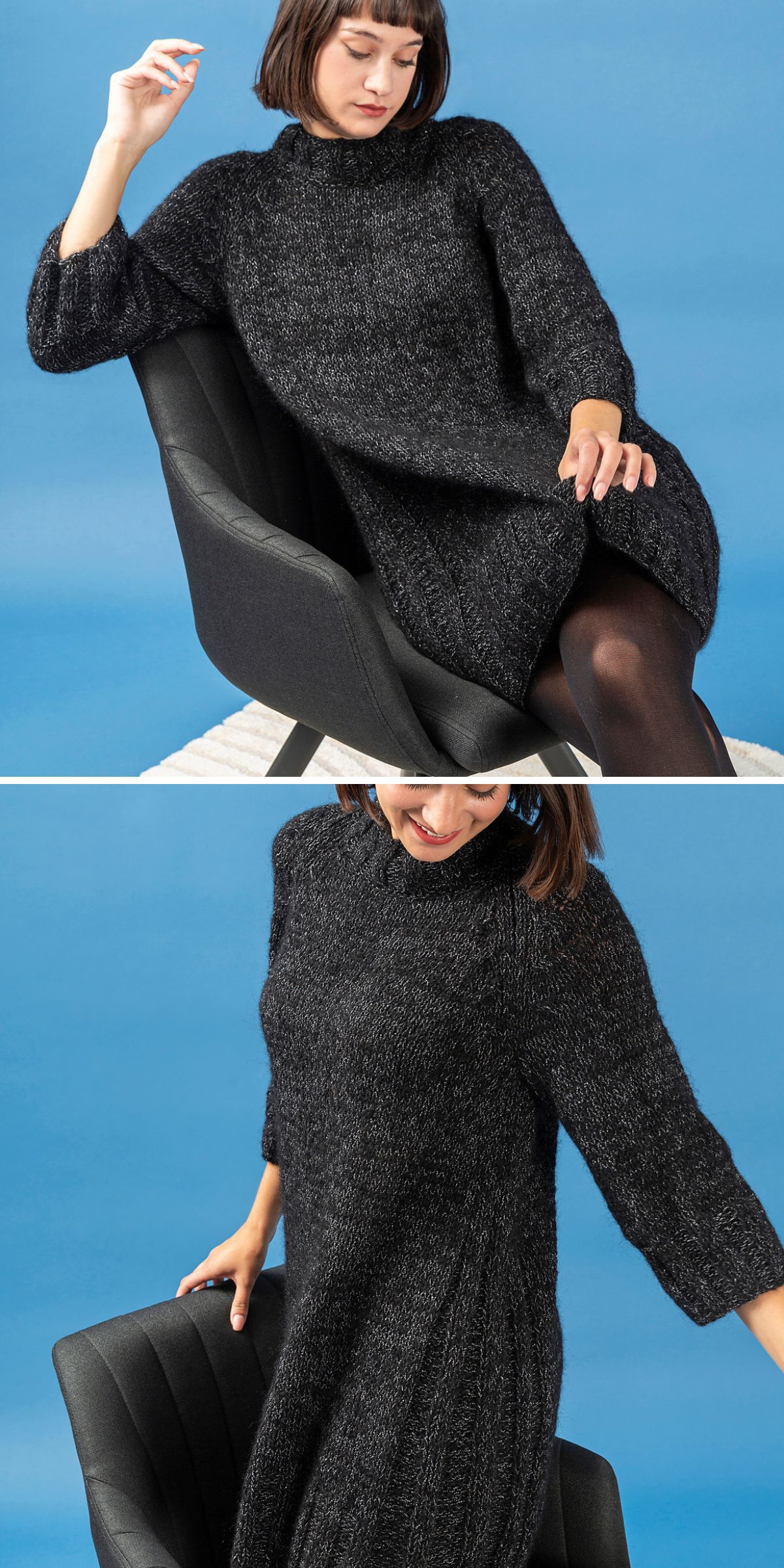 a woman wearing a high-neck knit dress in a black melange yarn