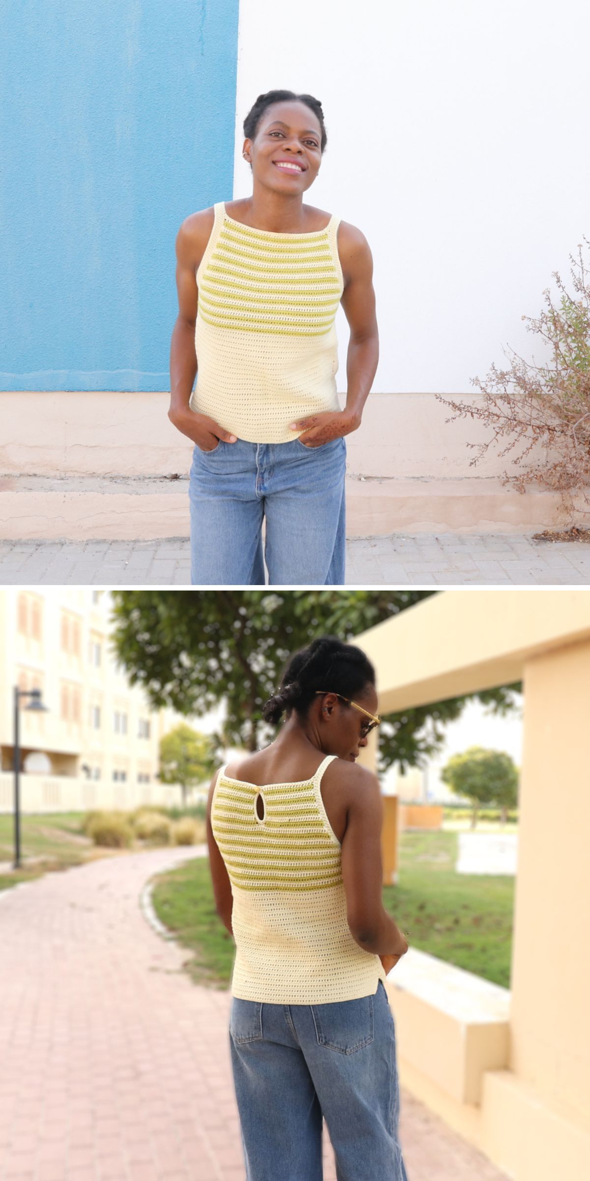 a crochet tank top with a solid bottom and two-tone striped neckline