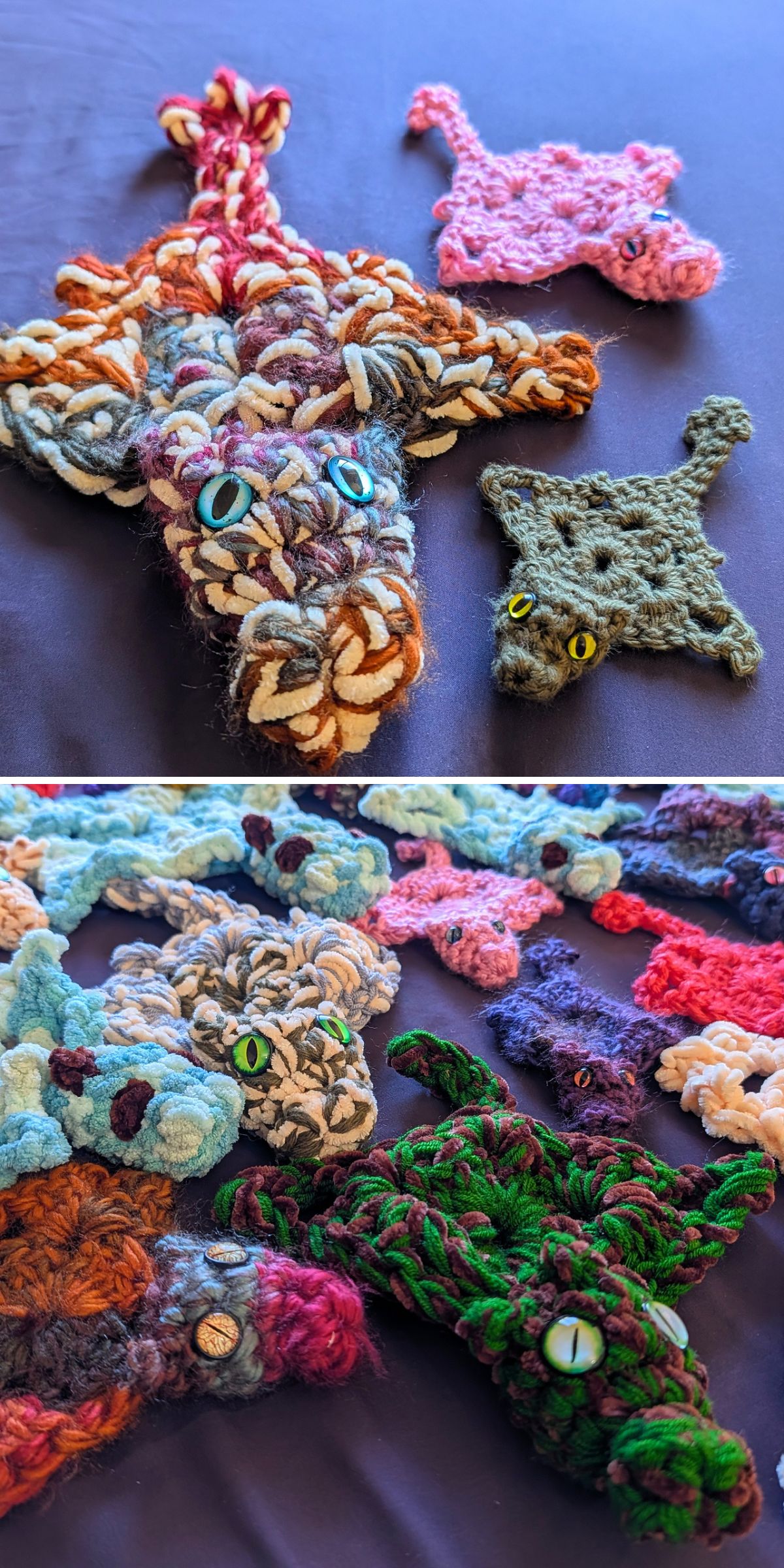 Several crochet animal figures with prominent eyes are displayed on a flat surface, including vibrant crochet dragons and other multicolored pieces resembling lizards.
