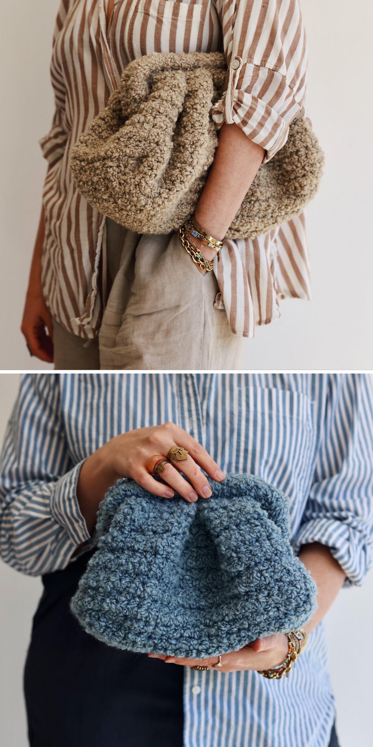 a crochet dumpling-style clutch