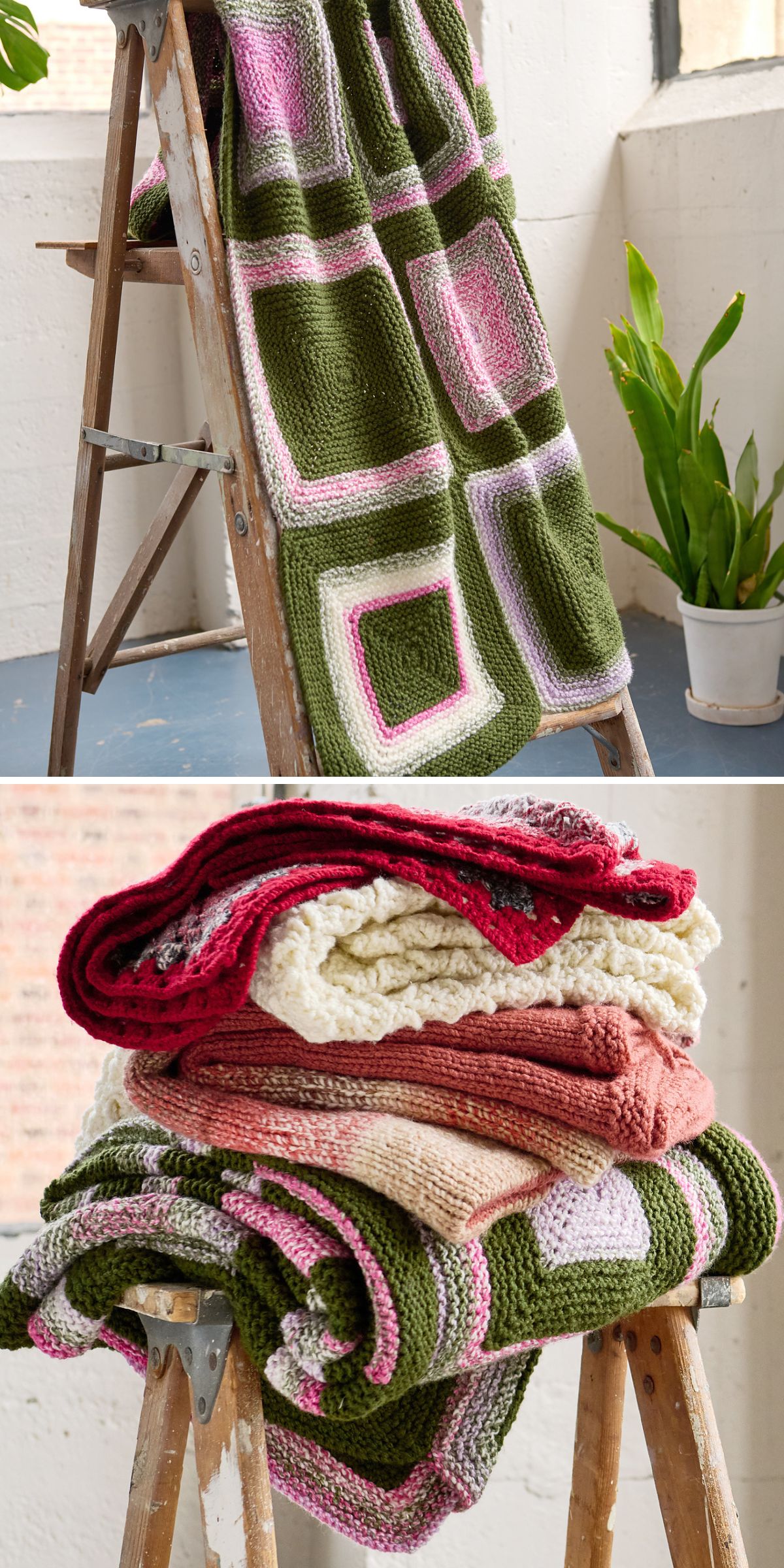 a knitted blanket constructed from large squares with contrasting centers