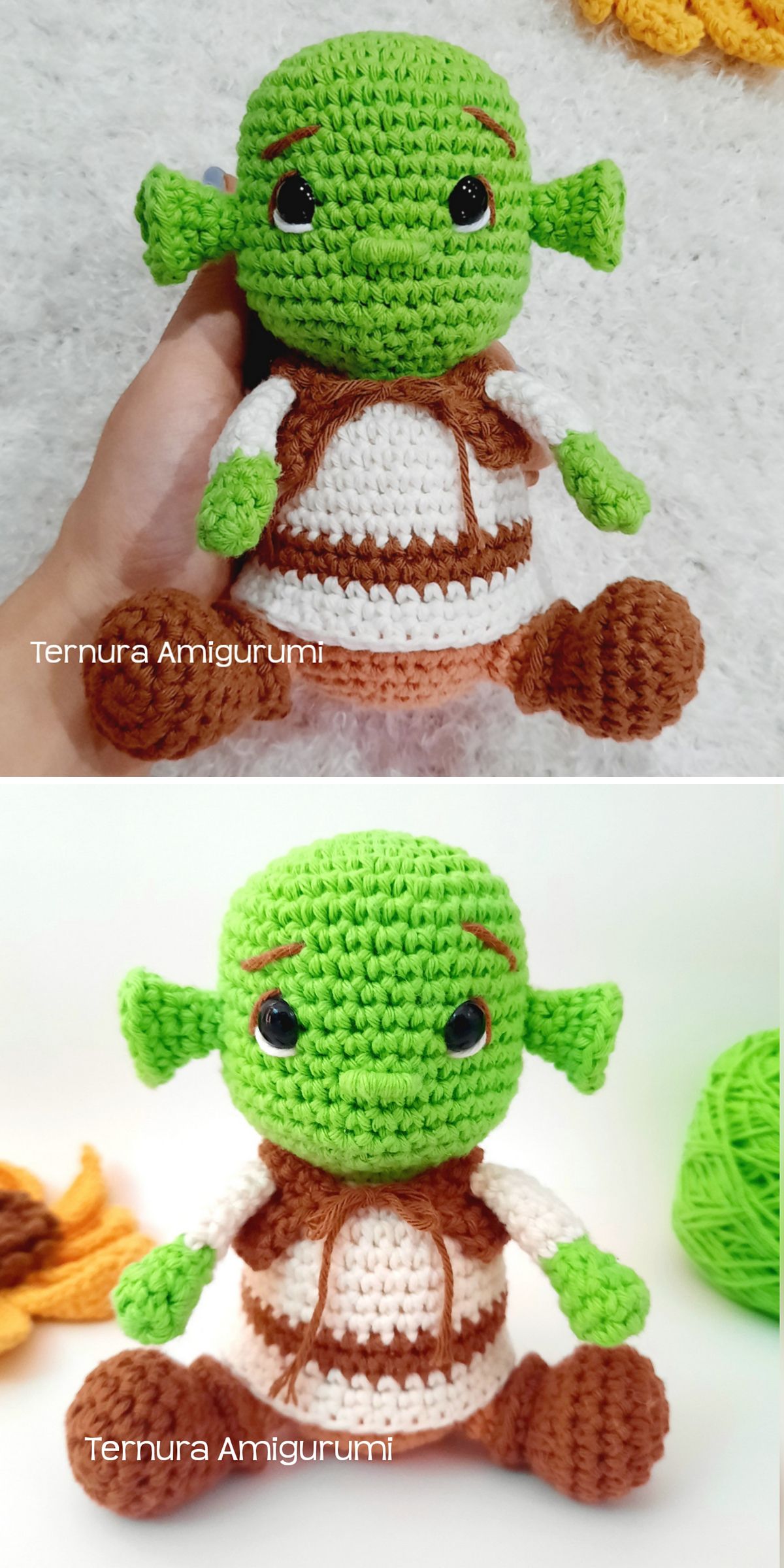 a baby Shrek crochet doll