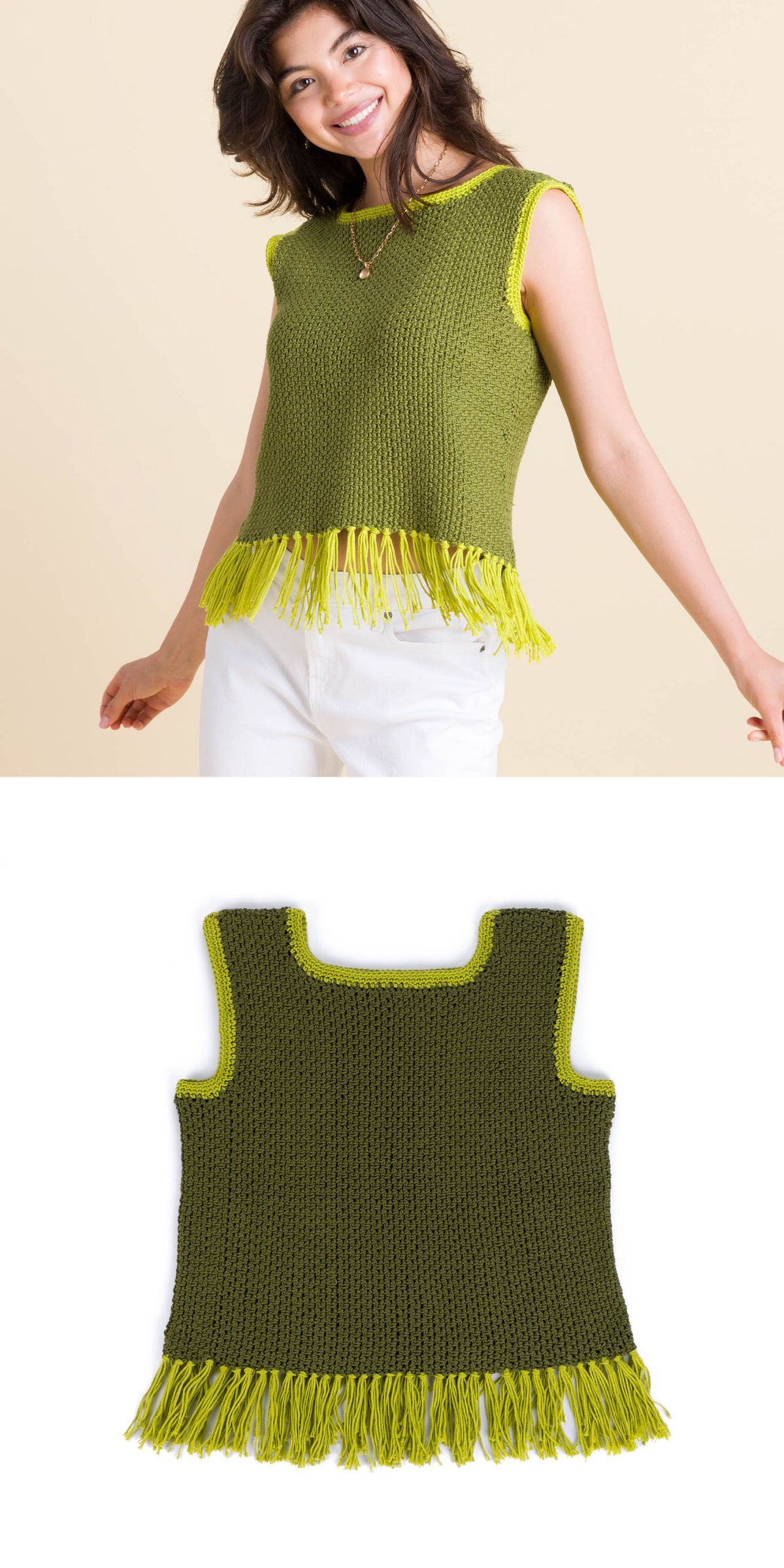 a green crochet tank top with a bottom tassel fringe