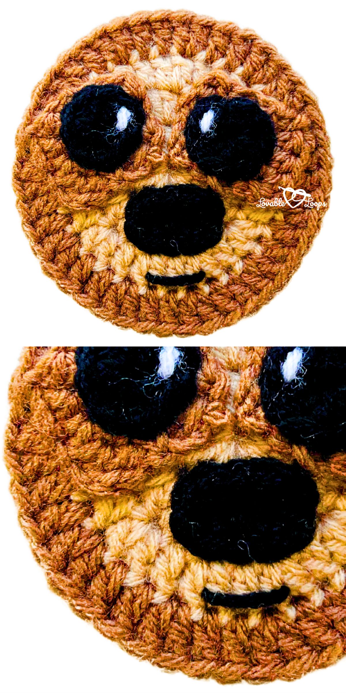 a round crochet applique featuring a cute sloth face