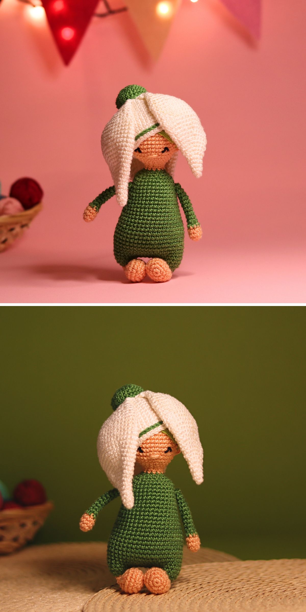 an adorable crochet doll with a large flower-shaped hat