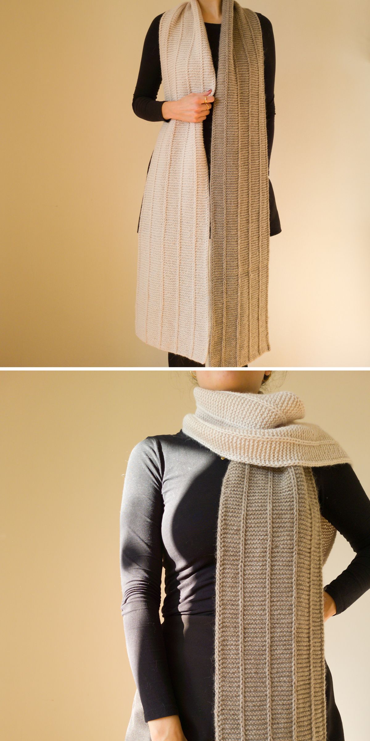 a long knitted wrap with thin vertical cables