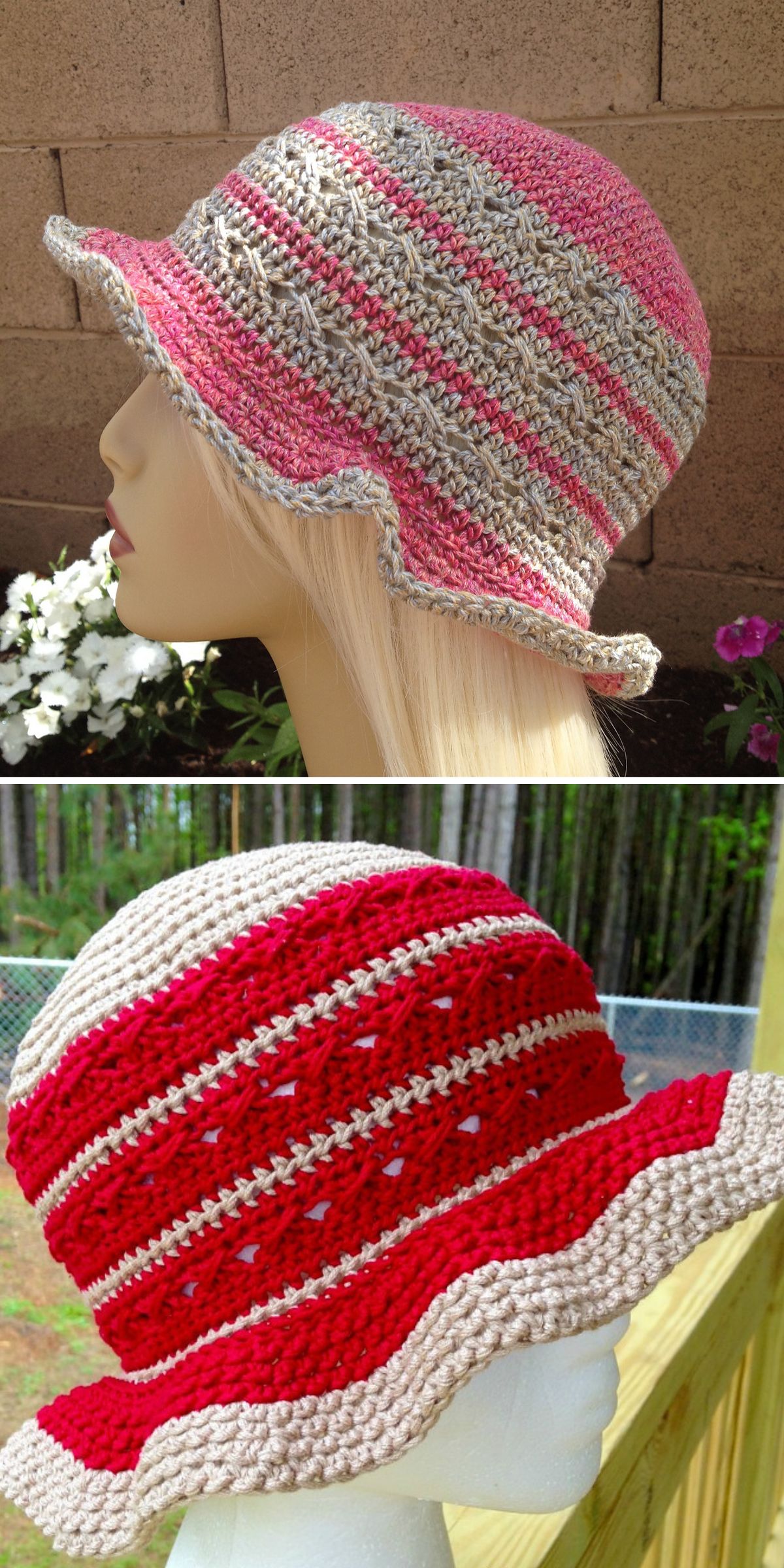 a crochet summer hat with a striped two-colored design
