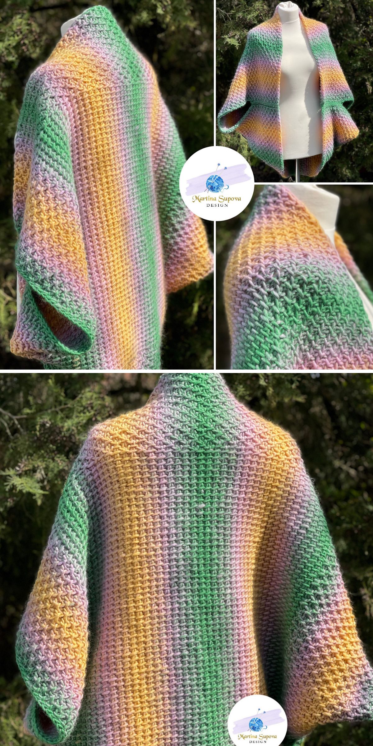 a crochet shrug with a multicolored ombre design