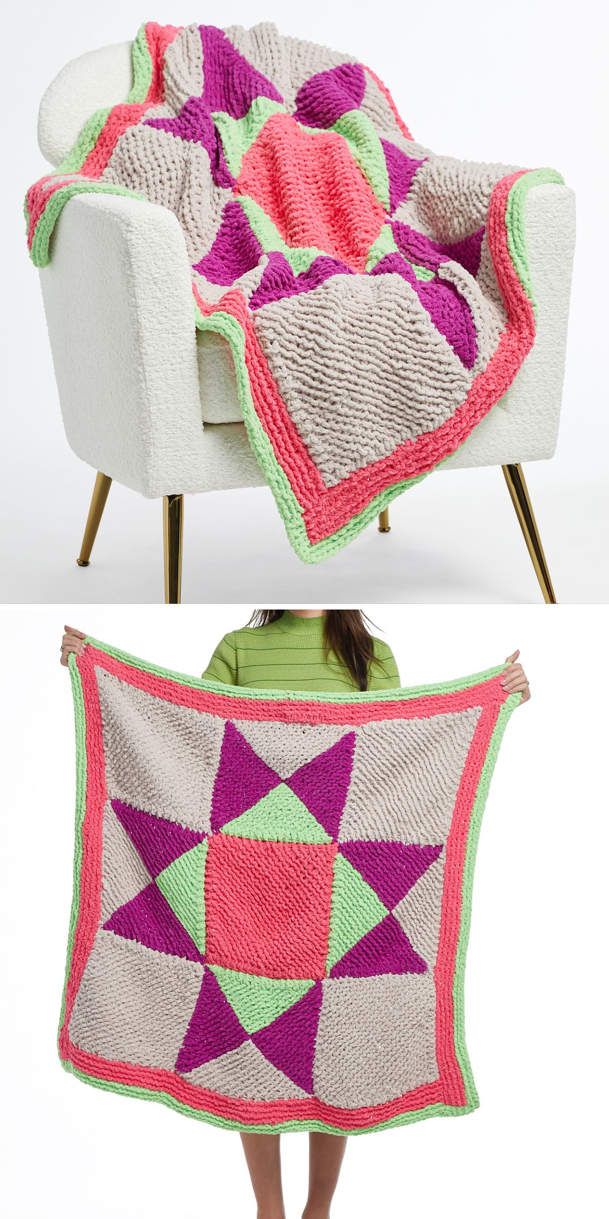 a chunky knitted blanket with a geometric flower design in vibrant colors