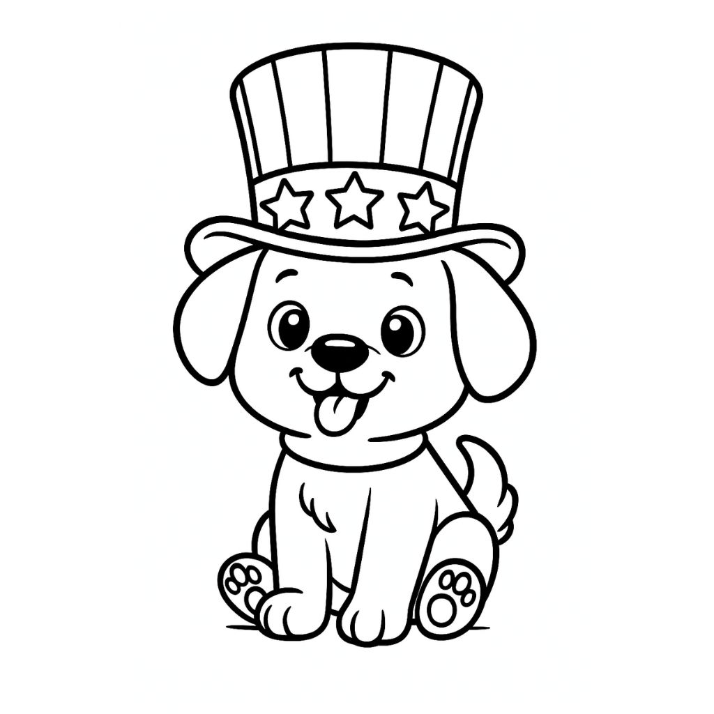 Happy puppy wearing a stars and stripes Uncle Sam hat – printable Fourth of July coloring page for preschoolers