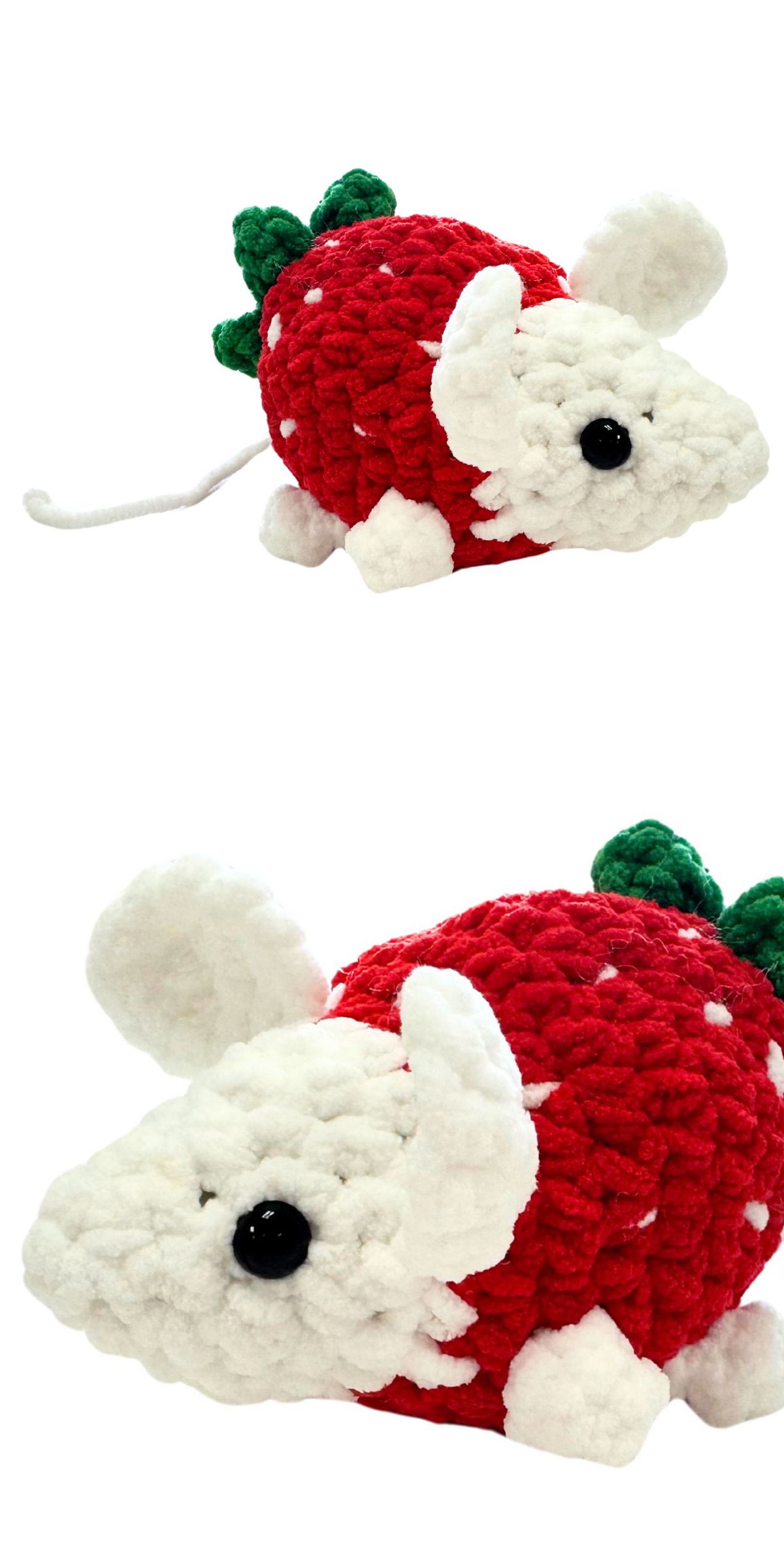 a crochet mouse toy with a strawberry body