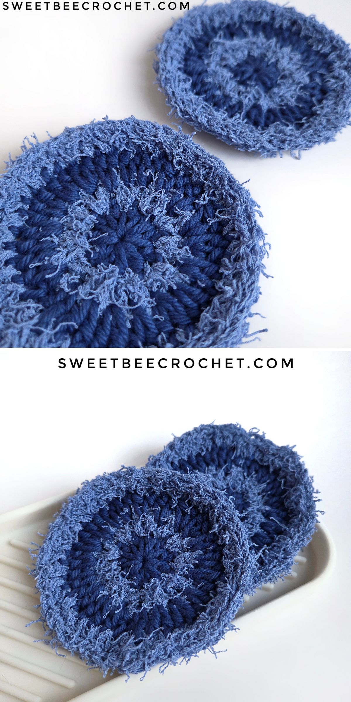 round-shaped crochet scrubbers featuring fuzzy yarn inserts