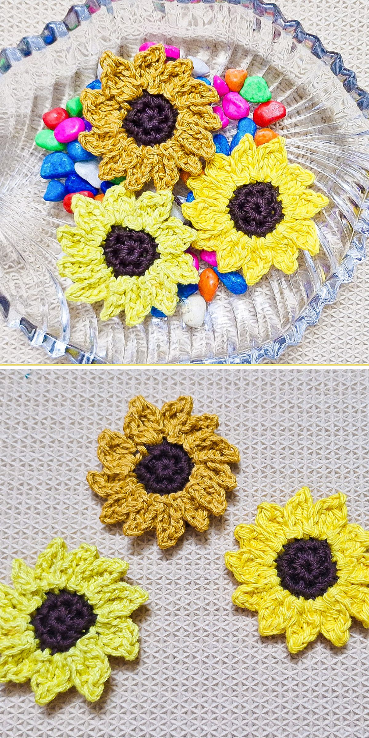 three crochet sunflower appliques